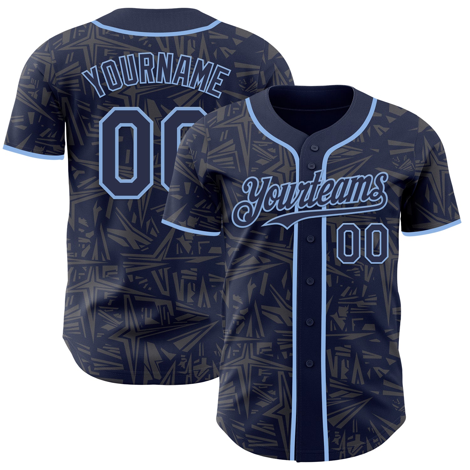 Custom Navy Steel Gray-Light Blue Geometric Cyber Starburst Authentic Baseball Jersey