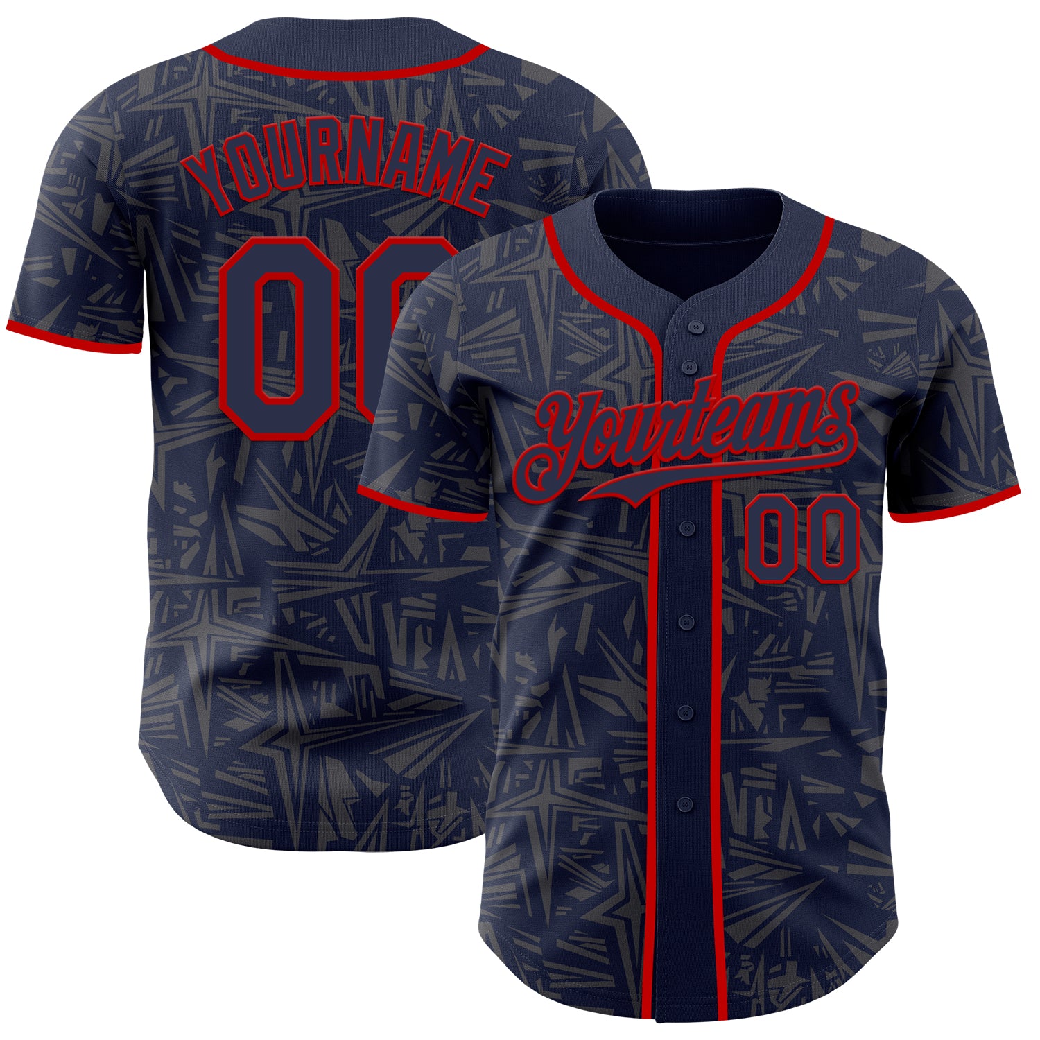 Custom Navy Steel Gray-Red Geometric Cyber Starburst Authentic Baseball Jersey