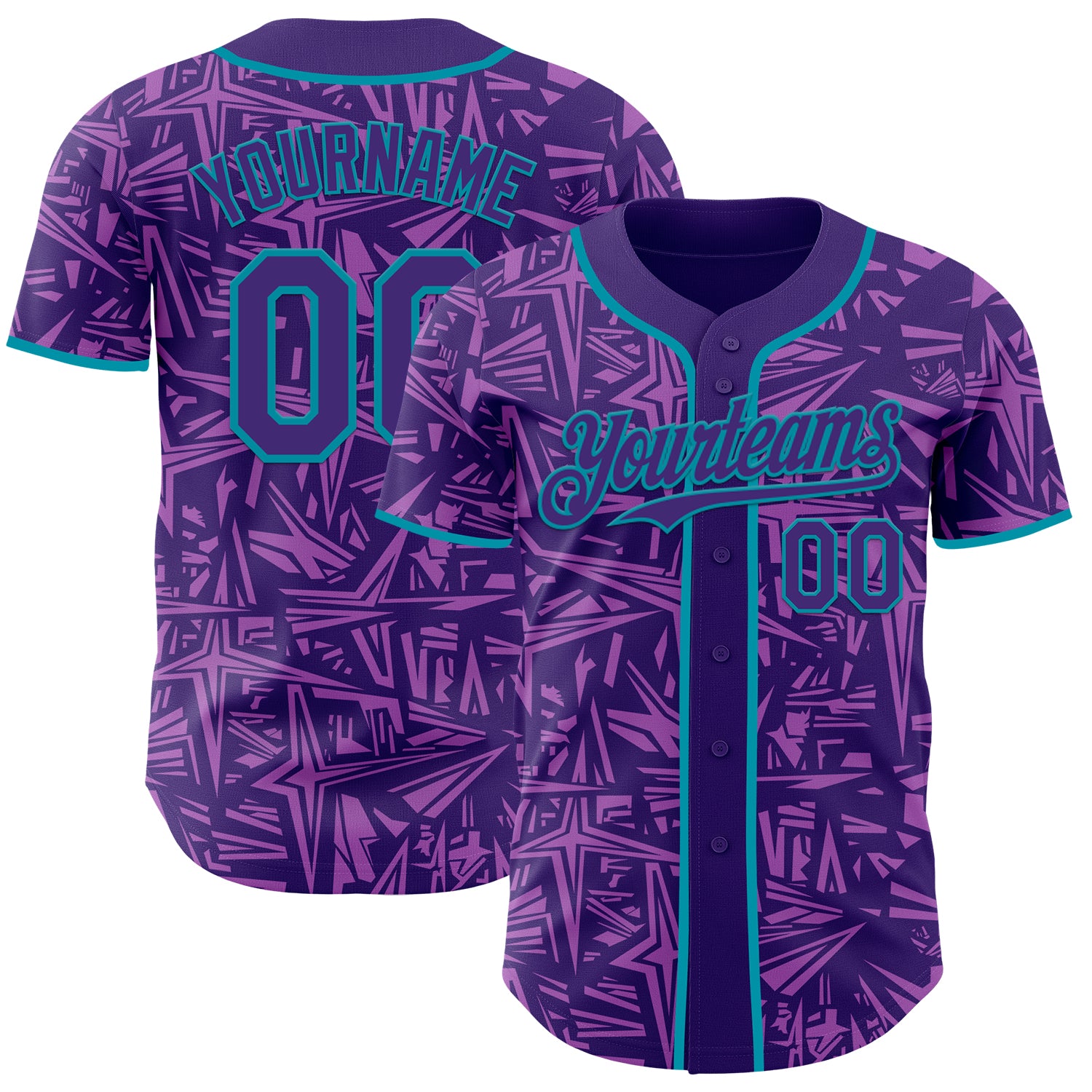 Custom Purple Medium Purple-Teal Geometric Cyber Starburst Authentic Baseball Jersey