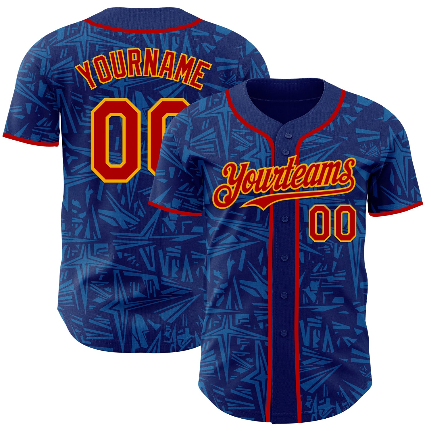 Custom Royal Red Blue-Gold Geometric Cyber Starburst Authentic Baseball Jersey