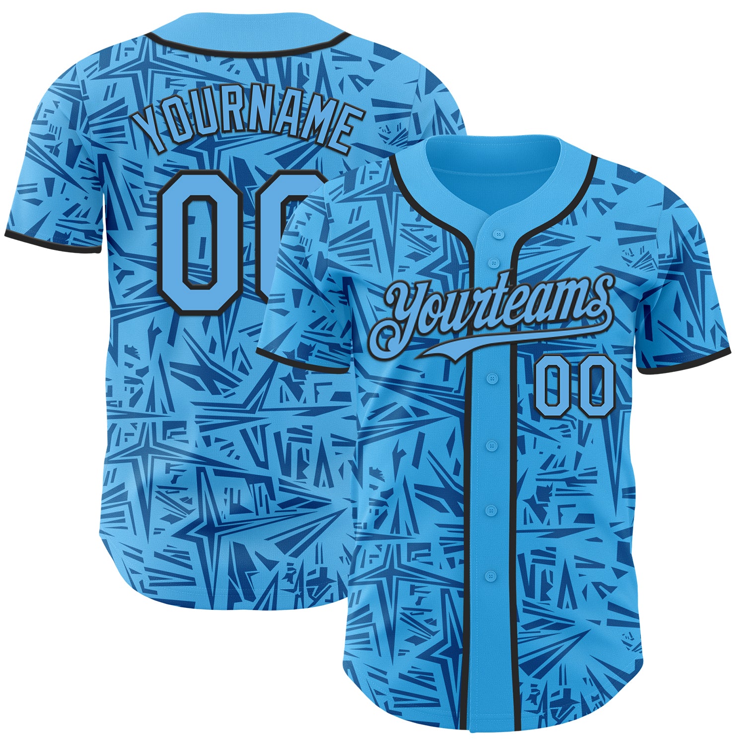 Custom Sky Blue Blue-Black Geometric Cyber Starburst Authentic Baseball Jersey