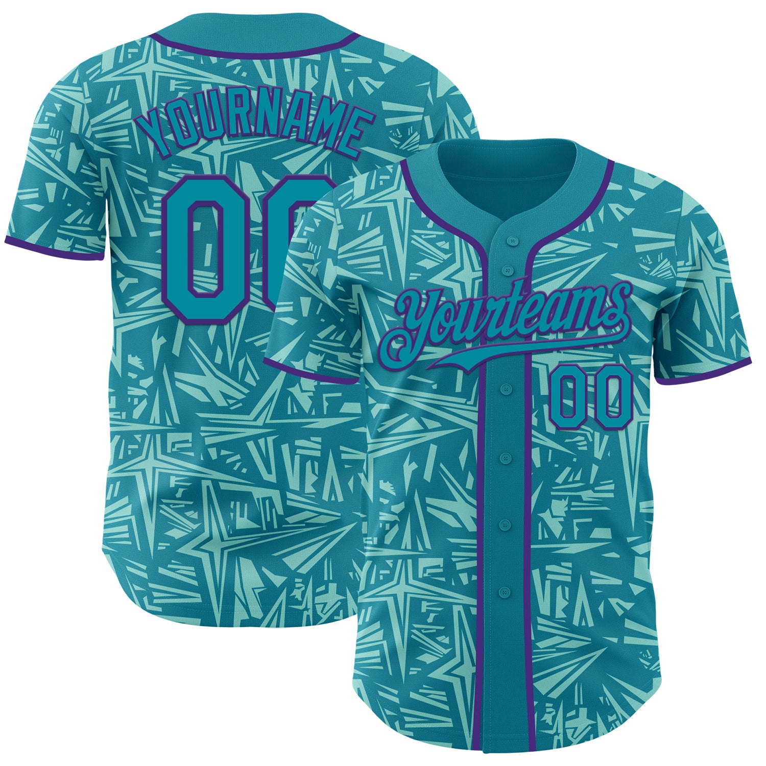 Custom Teal Ice Blue-Purple Geometric Cyber Starburst Authentic Baseball Jersey