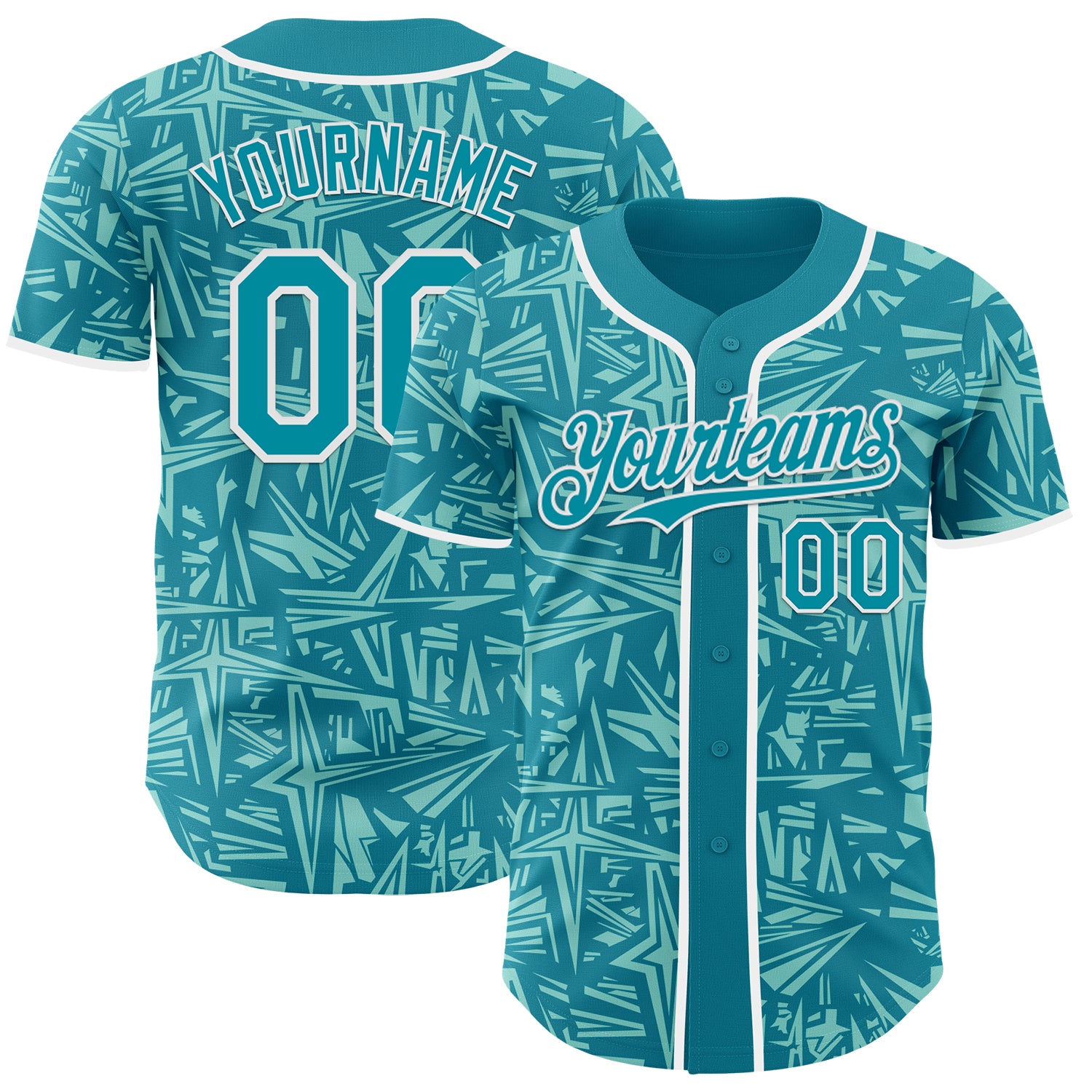 Custom Teal Ice Blue-White Geometric Cyber Starburst Authentic Baseball Jersey