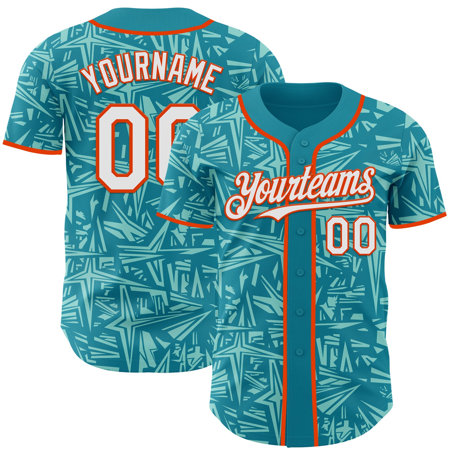 Custom Teal White Ice Blue-Orange Geometric Cyber Starburst Authentic Baseball Jersey