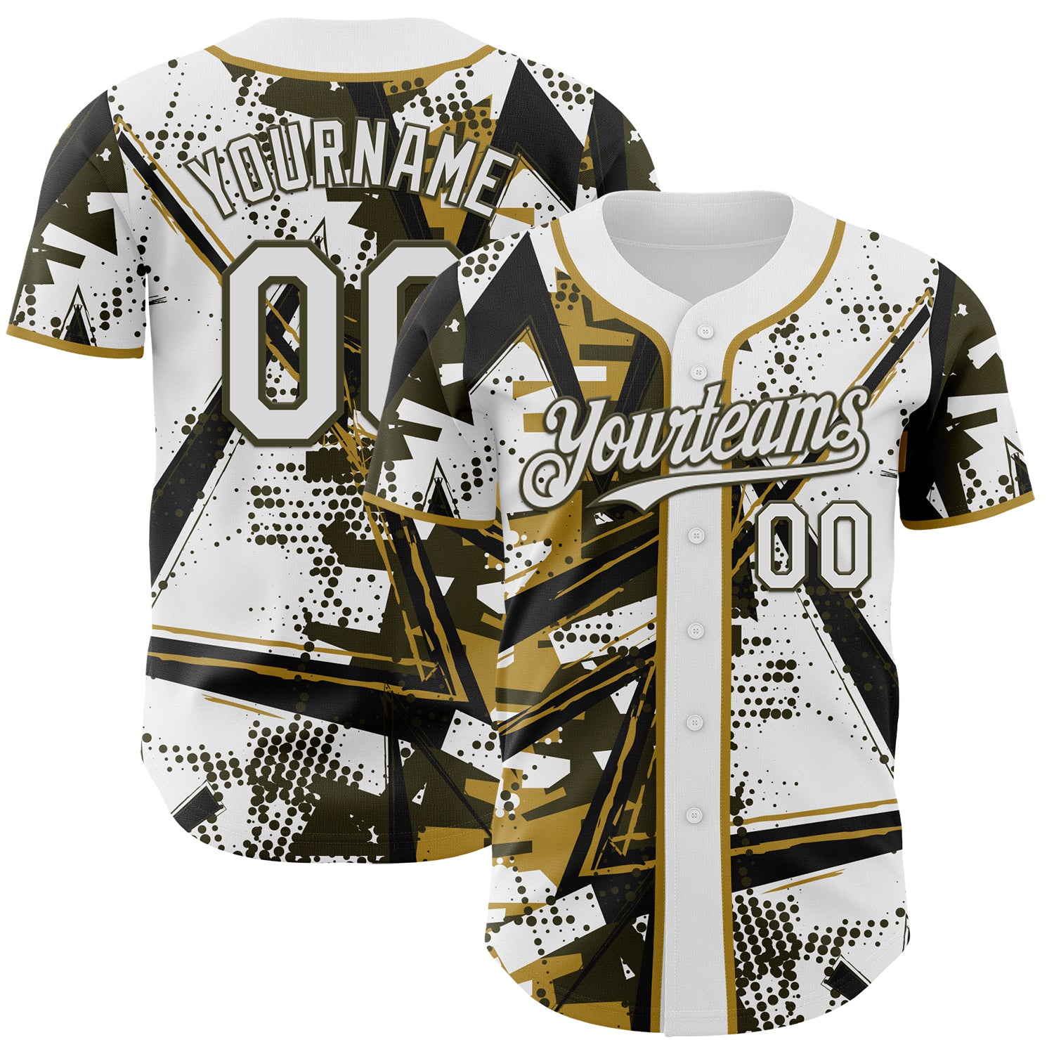 Custom White Black Olive-Old Gold Geometric Shards Dot Grid Authentic Baseball Jersey