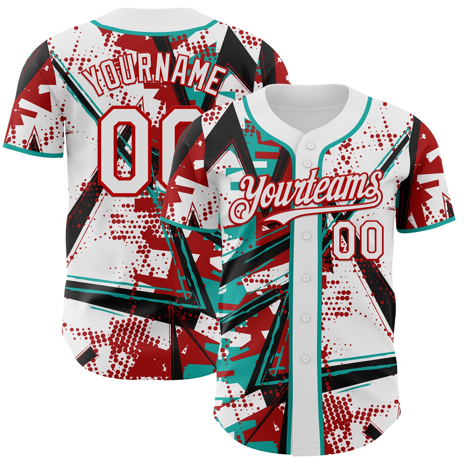Custom White Black Red-Aqua Geometric Shards Dot Grid Authentic Baseball Jersey