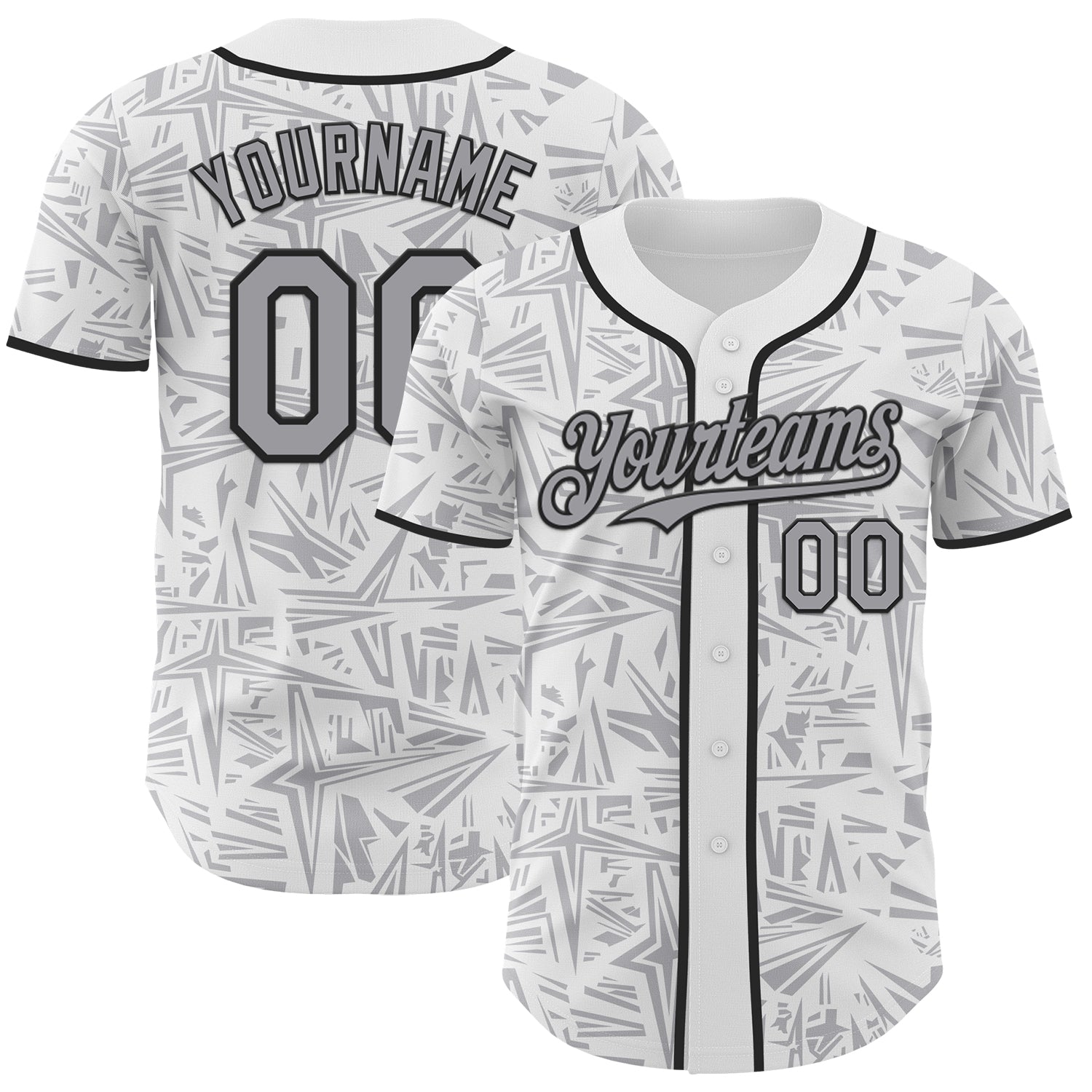 Custom White Gray-Black Geometric Cyber Starburst Authentic Baseball Jersey