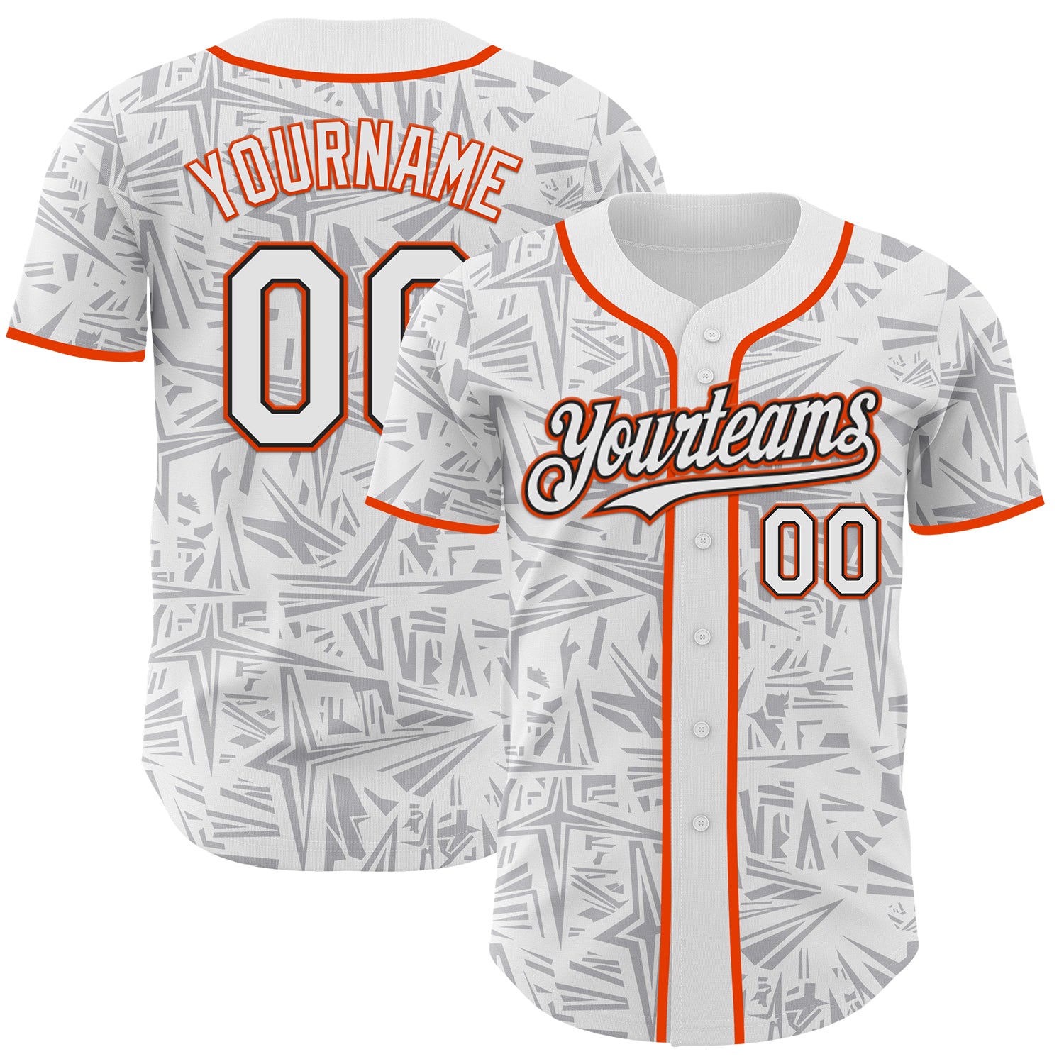 Custom White Gray Black-Orange Geometric Cyber Starburst Authentic Baseball Jersey