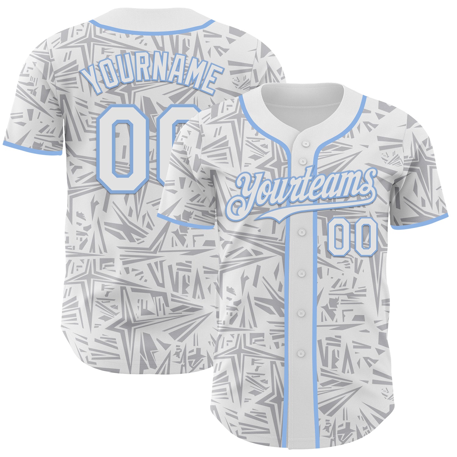 Custom White Gray-Light Blue Geometric Cyber Starburst Authentic Baseball Jersey