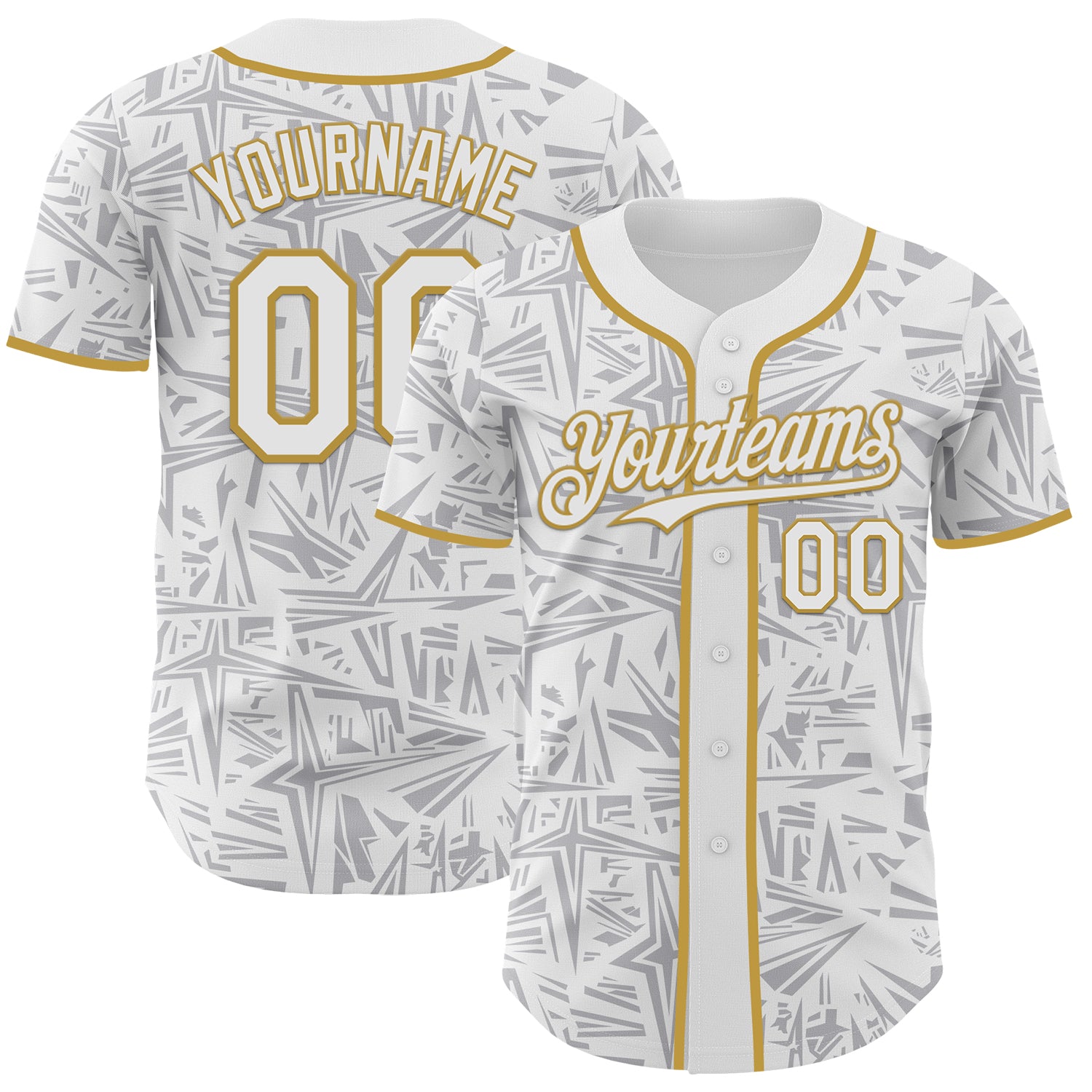 Custom White Gray-Old Gold Geometric Cyber Starburst Authentic Baseball Jersey