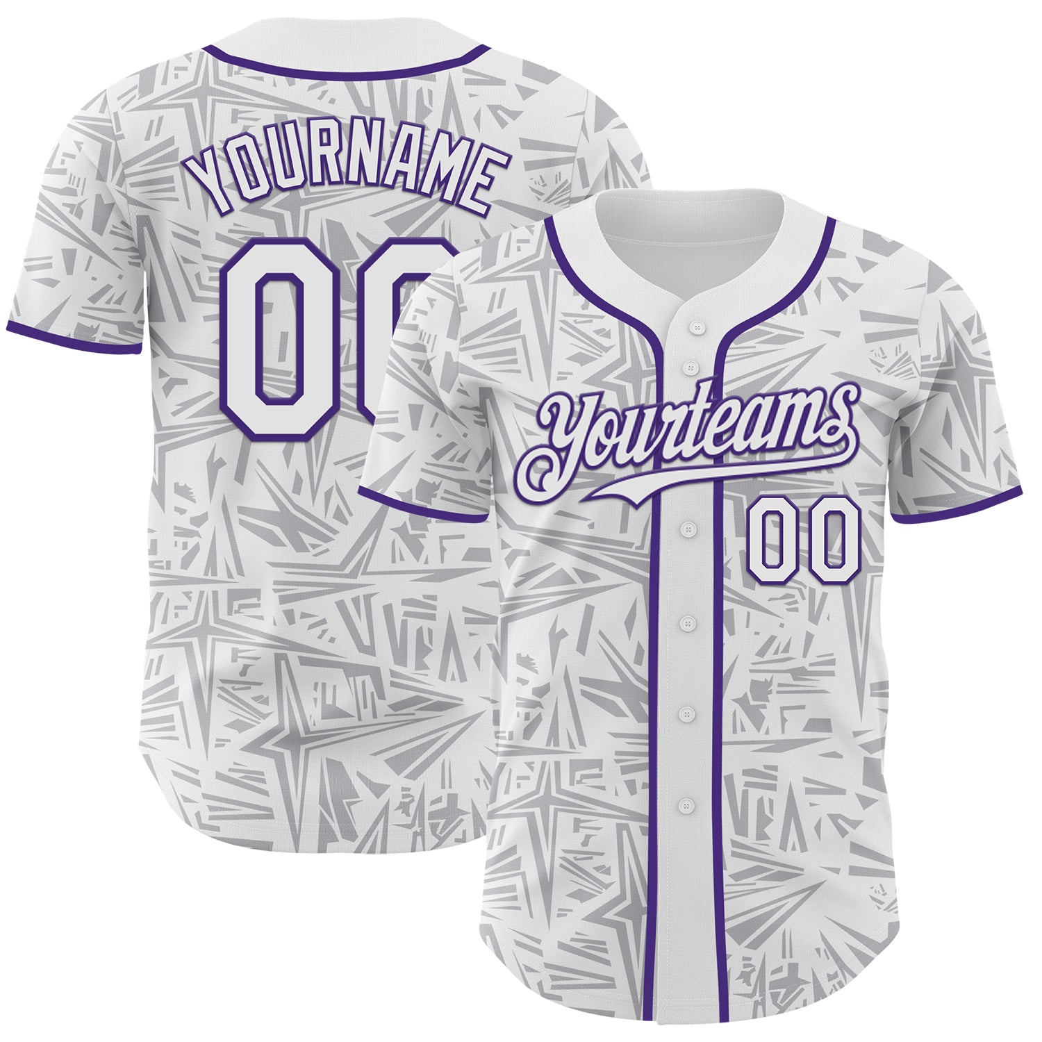 Custom White Gray-Purple Geometric Cyber Starburst Authentic Baseball Jersey