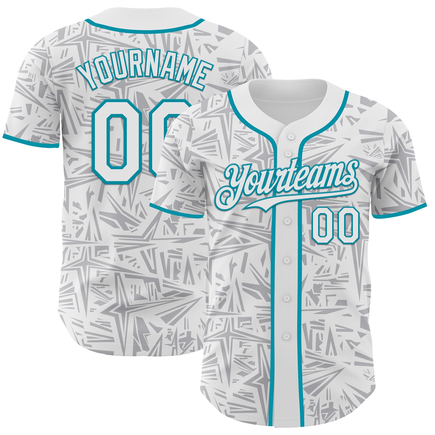 Custom White Gray-Teal Geometric Cyber Starburst Authentic Baseball Jersey