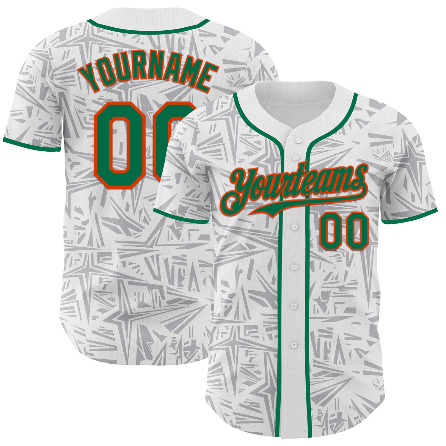 Custom White Kelly Green Gray-Orange Geometric Cyber Starburst Authentic Baseball Jersey