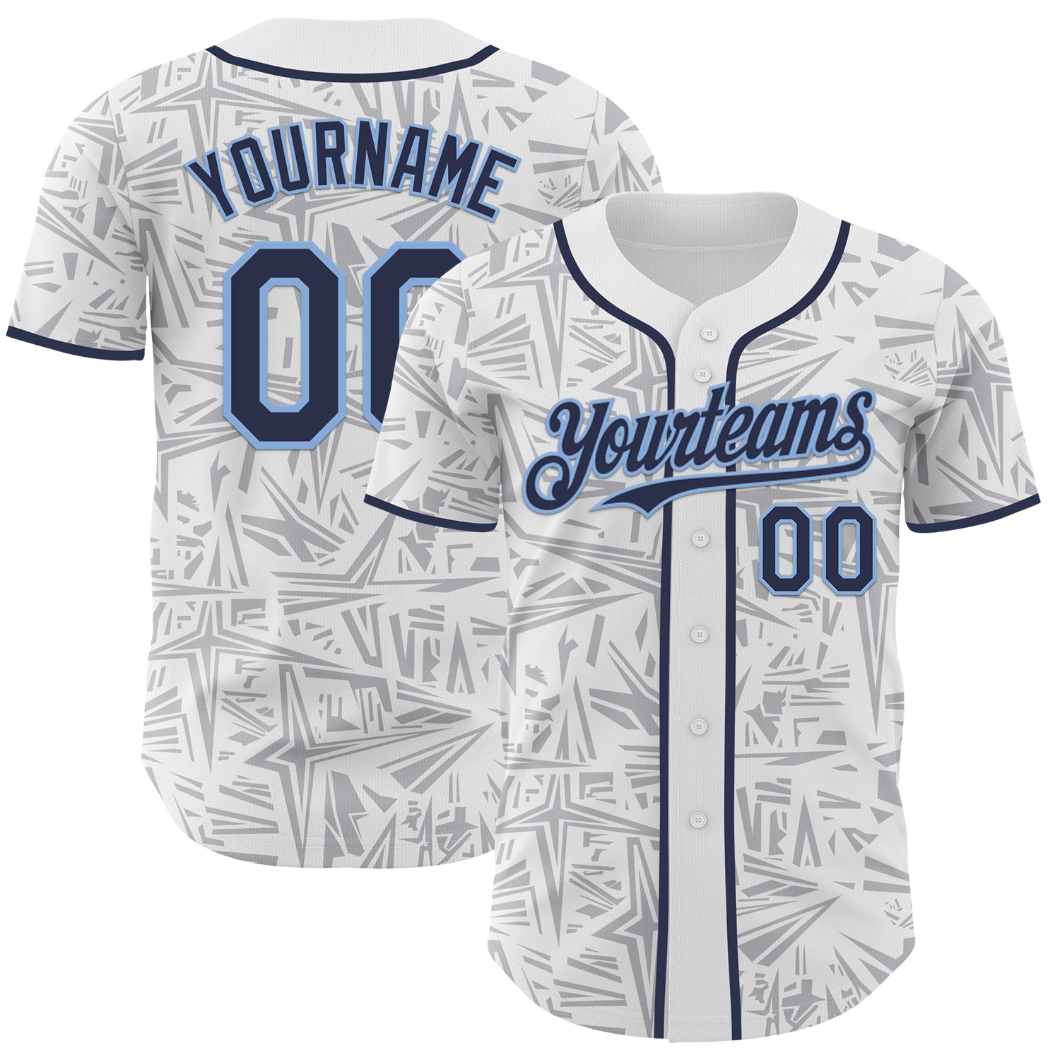 Custom White Navy Gray-Light Blue Geometric Cyber Starburst Authentic Baseball Jersey