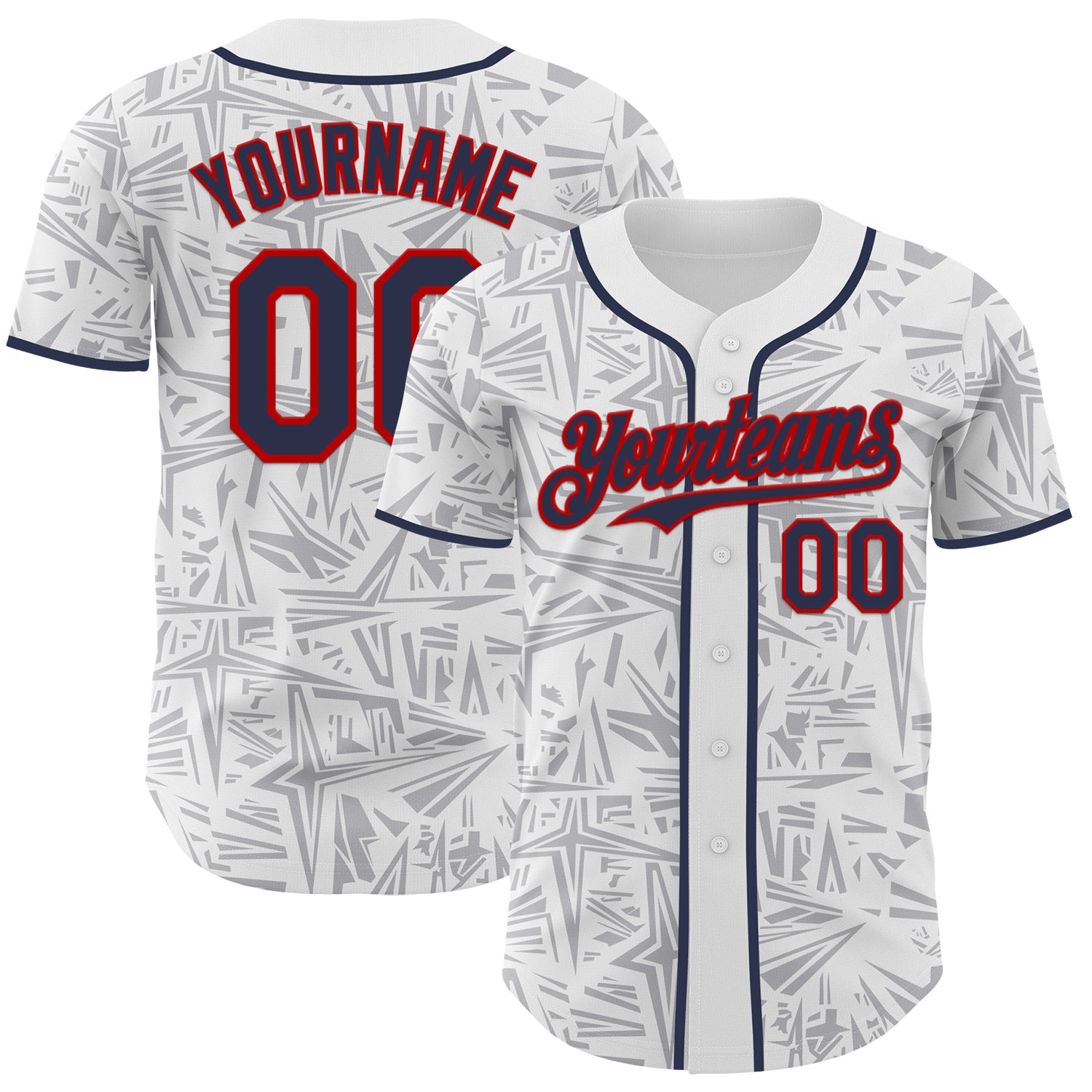 Custom White Navy Gray-Red Geometric Cyber Starburst Authentic Baseball Jersey