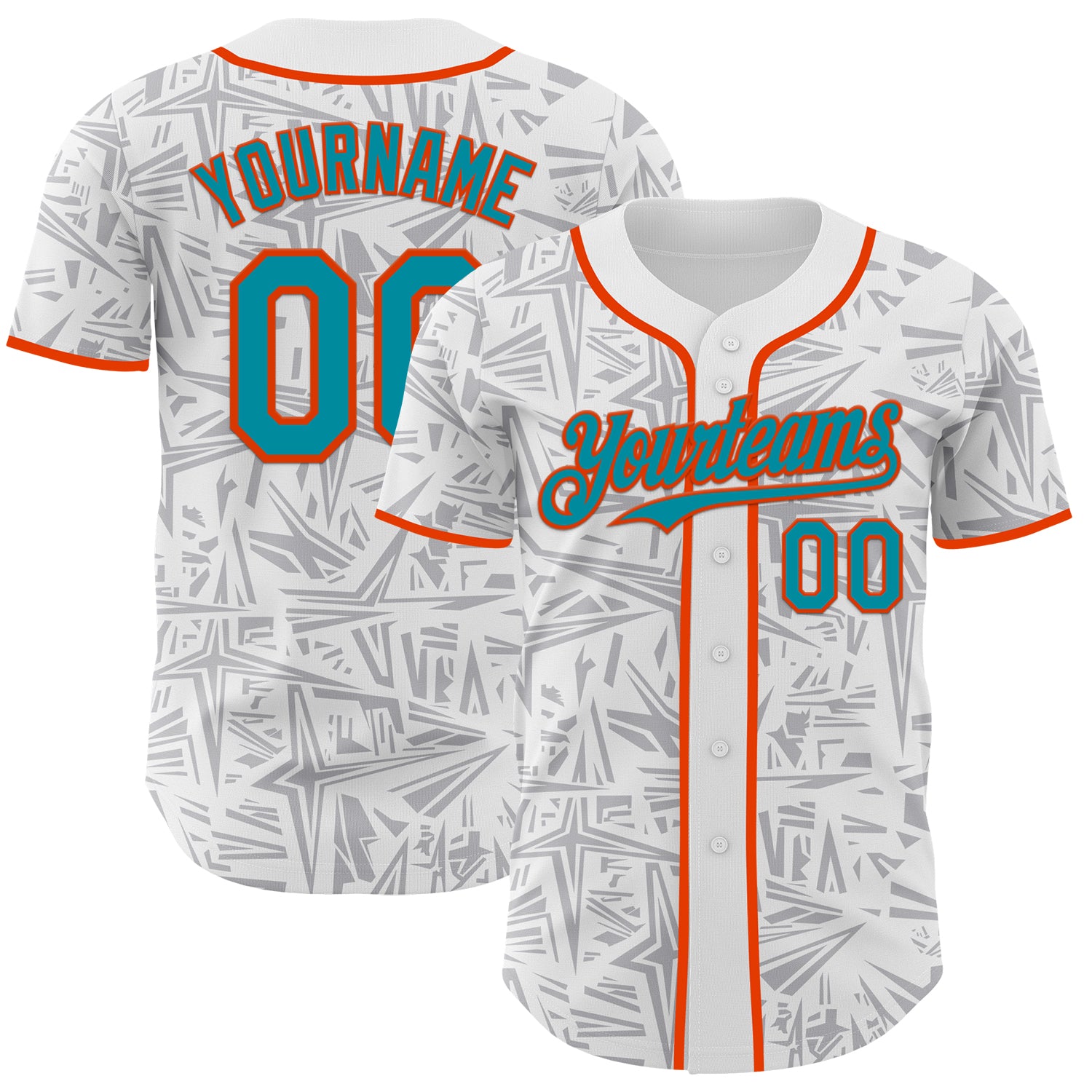 Custom White Teal Gray-Orange Geometric Cyber Starburst Authentic Baseball Jersey