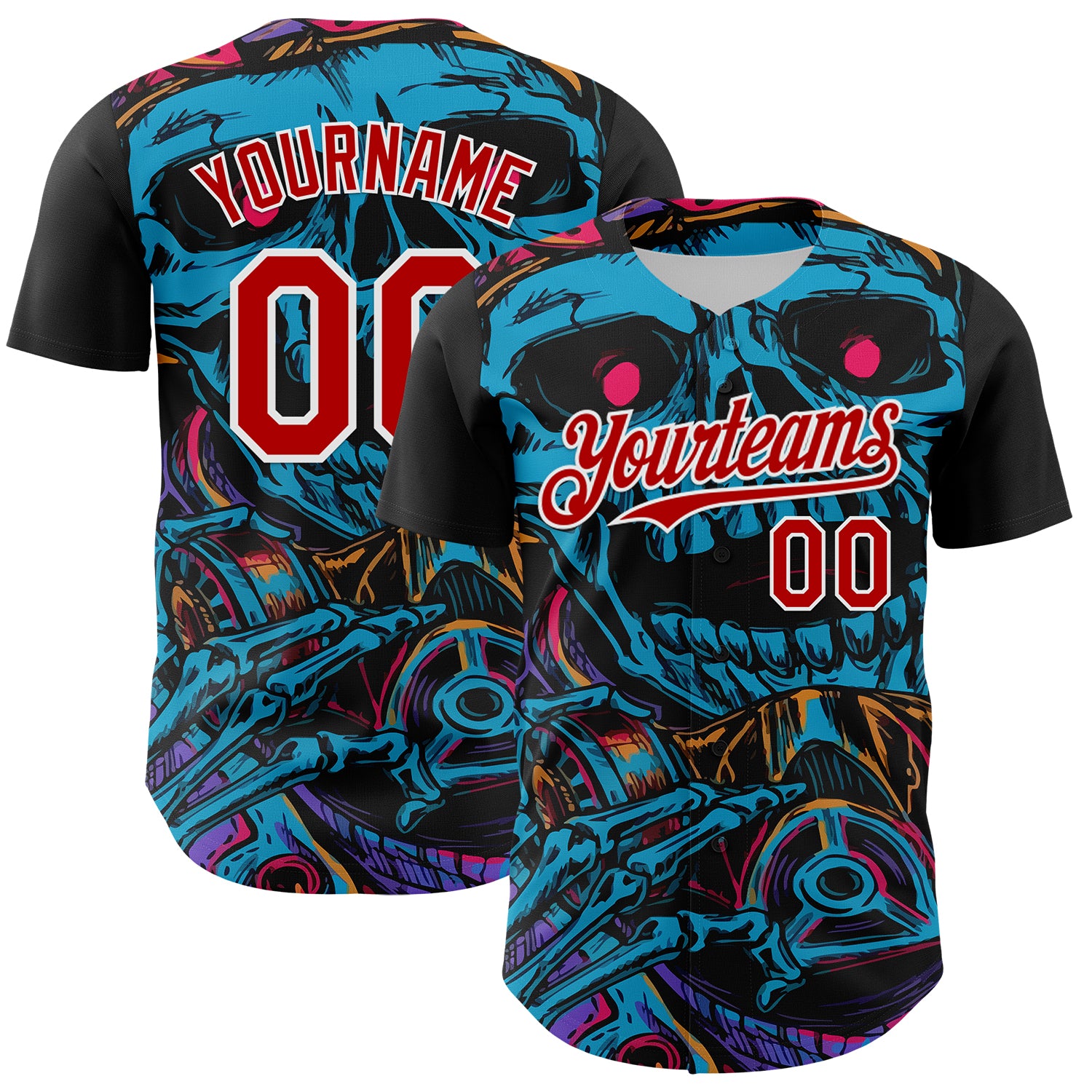 Custom Black Red-White 3D Pattern Design Burner Costumes Horror Skull Authentic Baseball Jersey