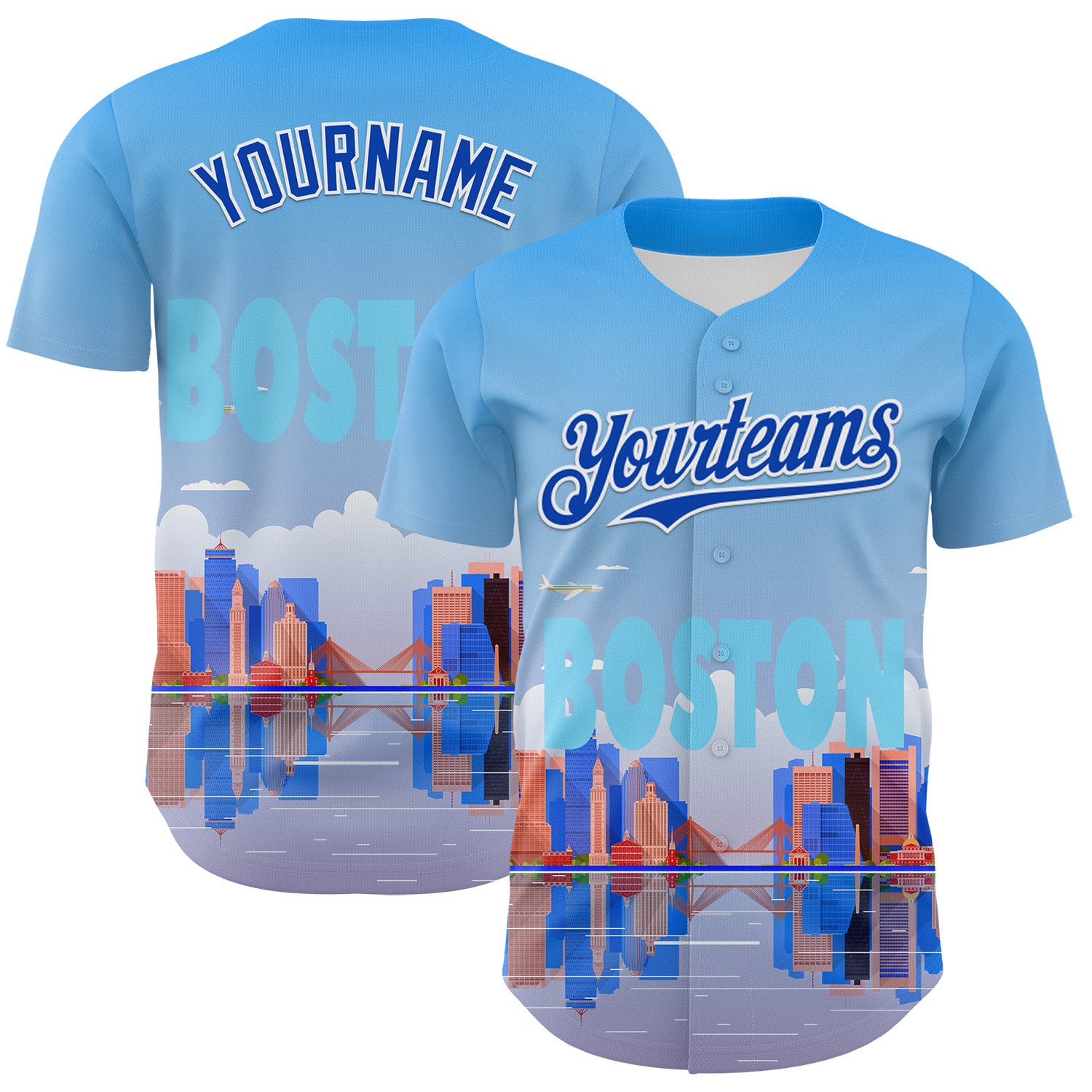 Custom Blue Thunder Blue-White 3D Pattern Design Boston Cityscape Skyline Authentic Baseball Jersey