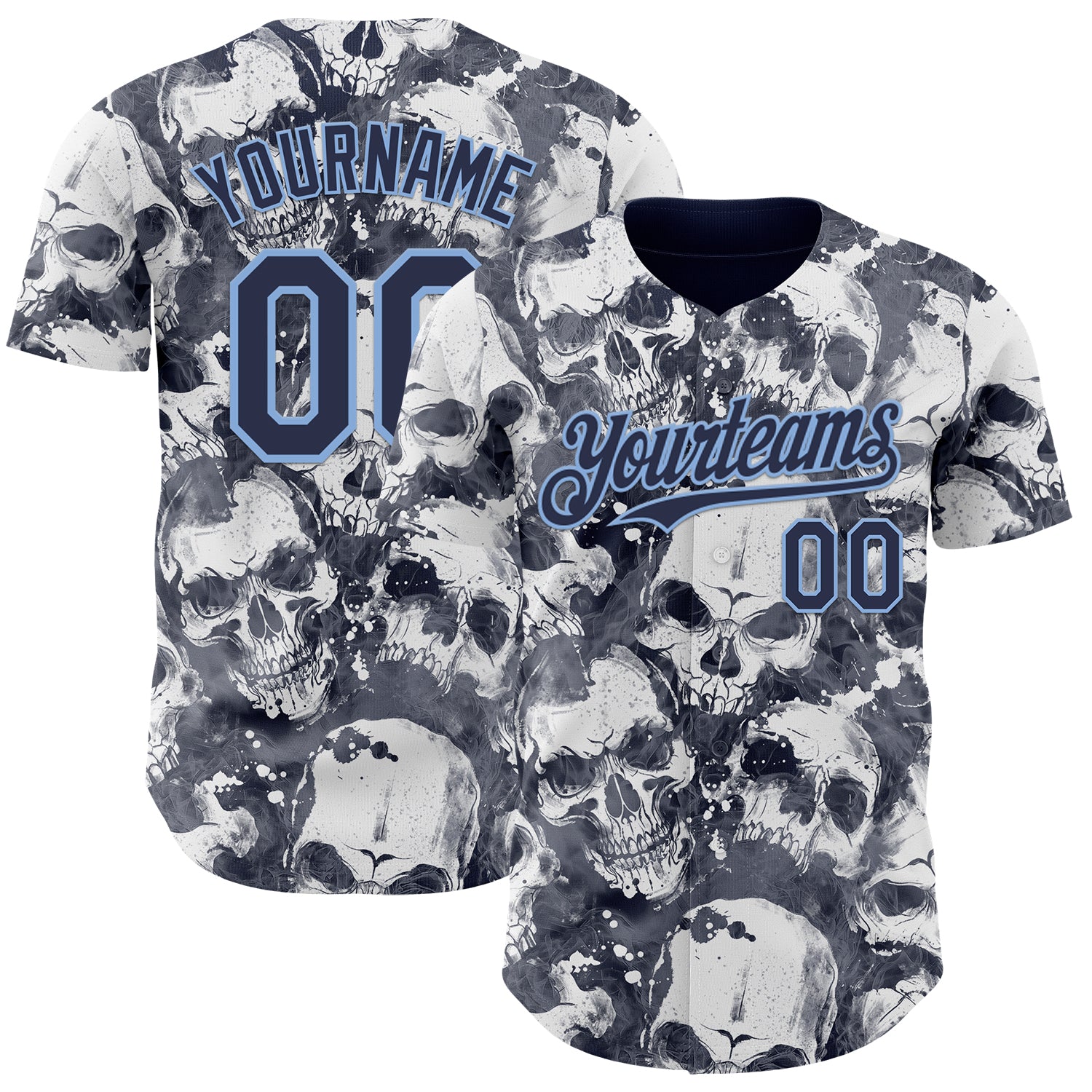 Custom Gray Navy-Light Blue Flames Skull Smoke Authentic Baseball Jersey