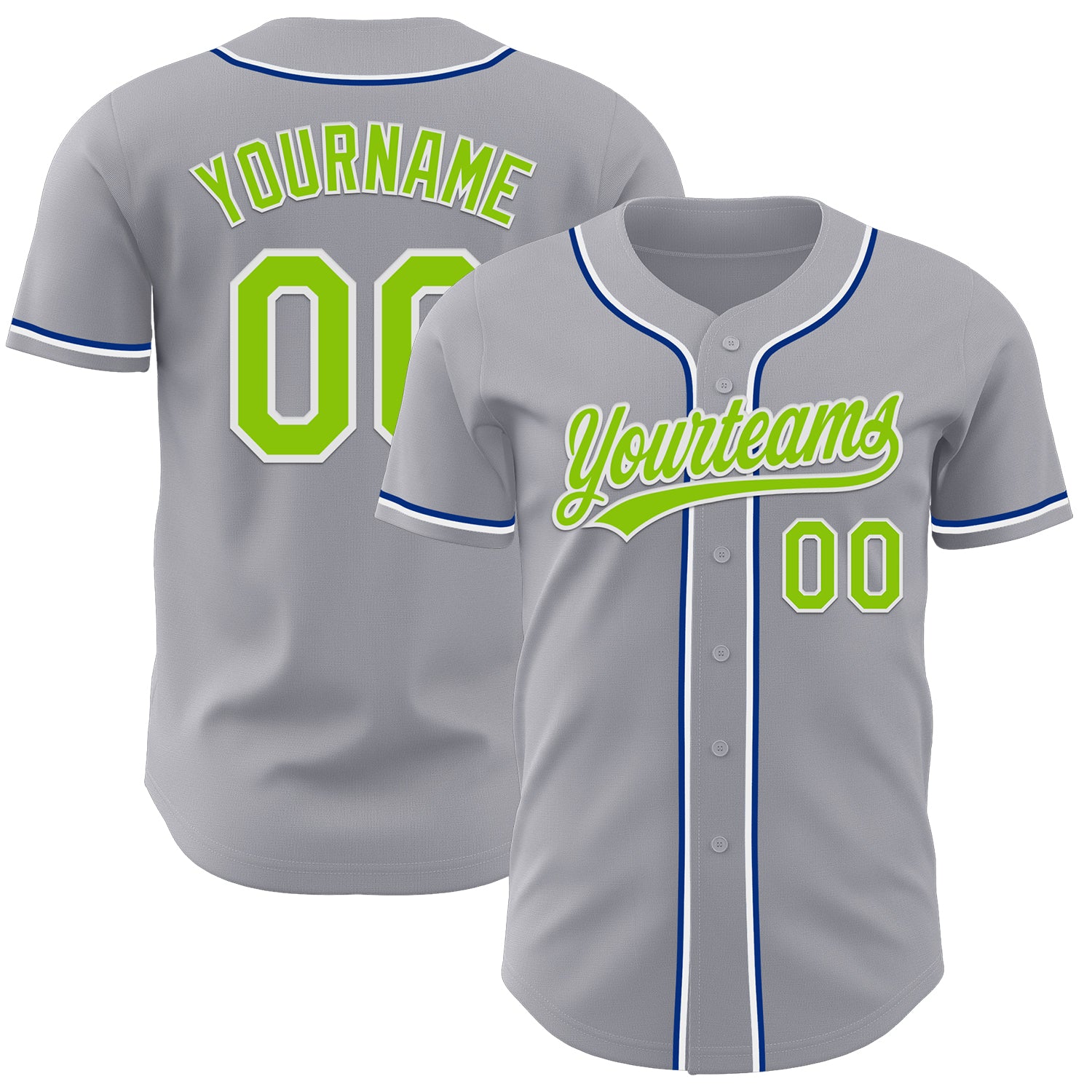 Custom Gray Neon Green Royal-White Authentic Baseball Jersey