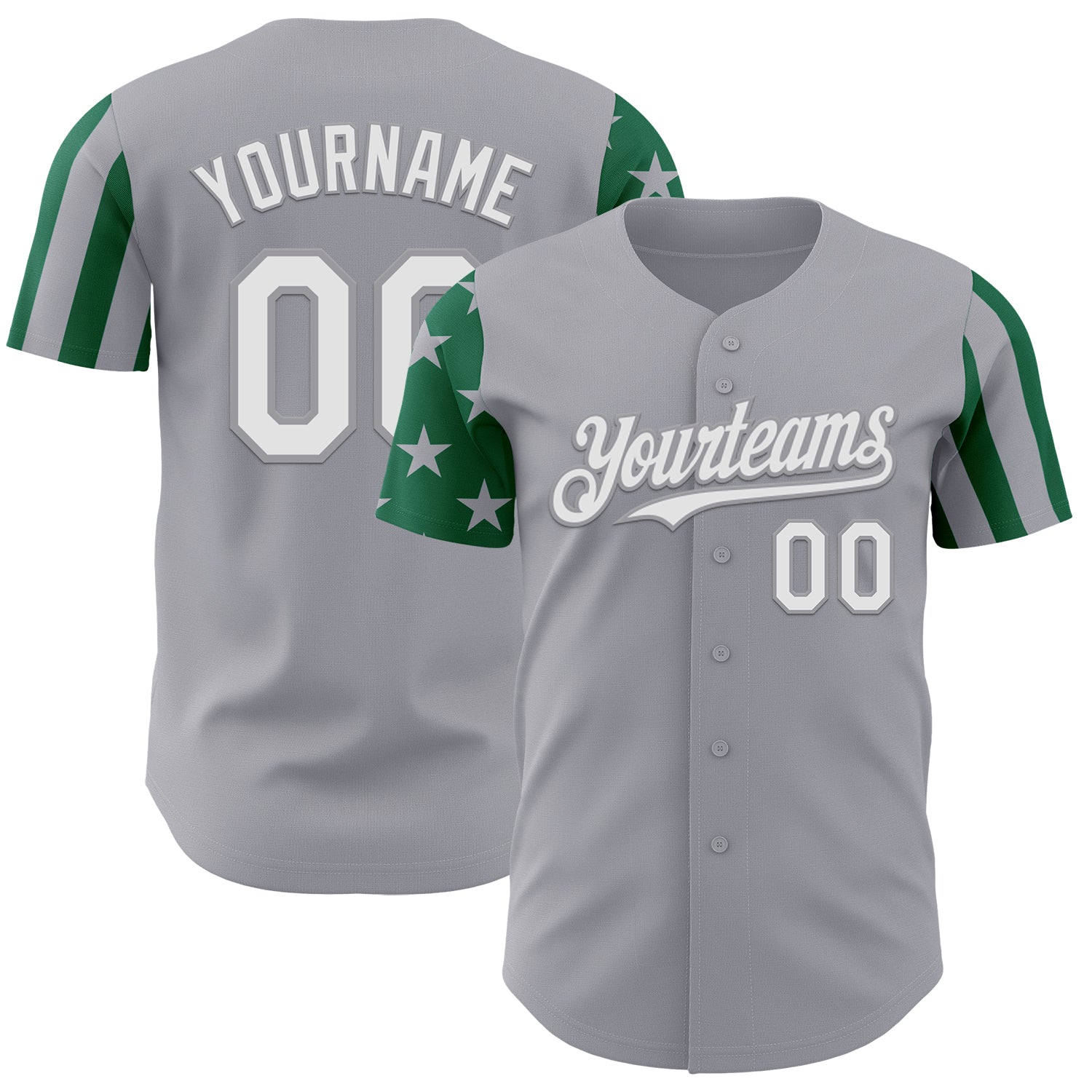 Custom Gray White-Kelly Green Two Tone USA Flag Sleeves Stars and Stripes Authentic Baseball Jersey