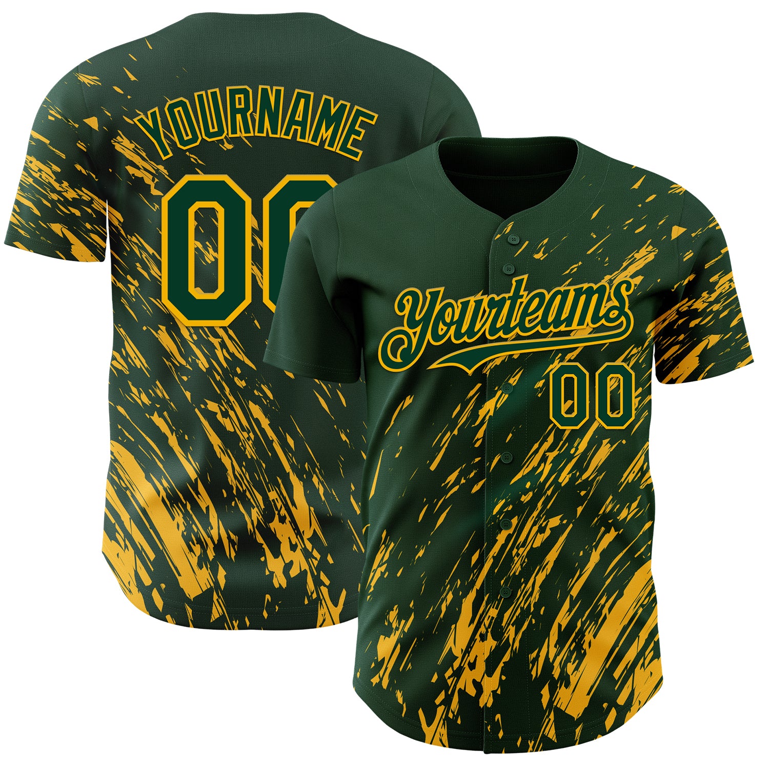 Custom Green Gold 3D Pattern Design Paint Stroke Grunge Streak Authentic Baseball Jersey
