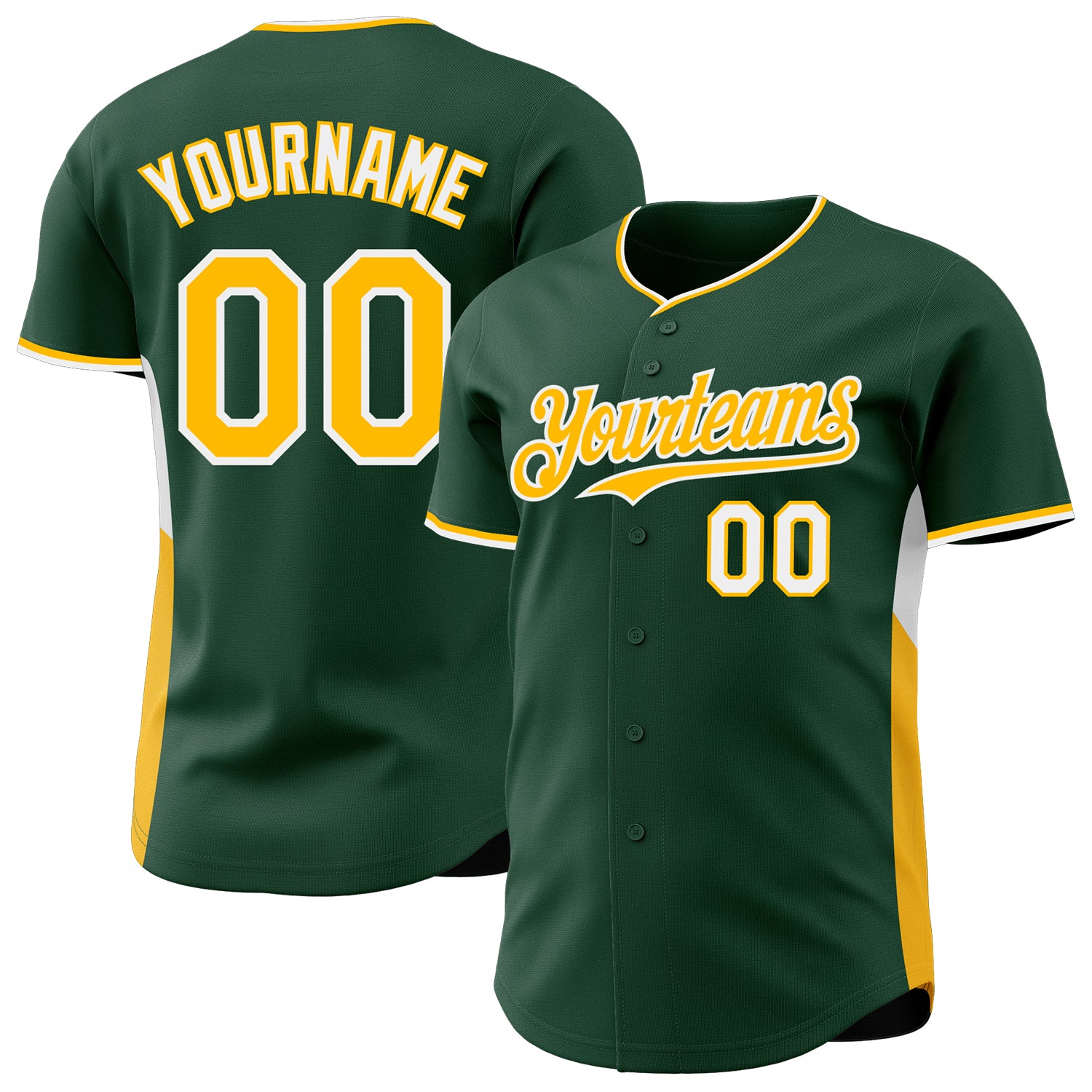 Custom Green Gold-White Classic Color Block Side Panel Stripe Authentic Baseball Jersey