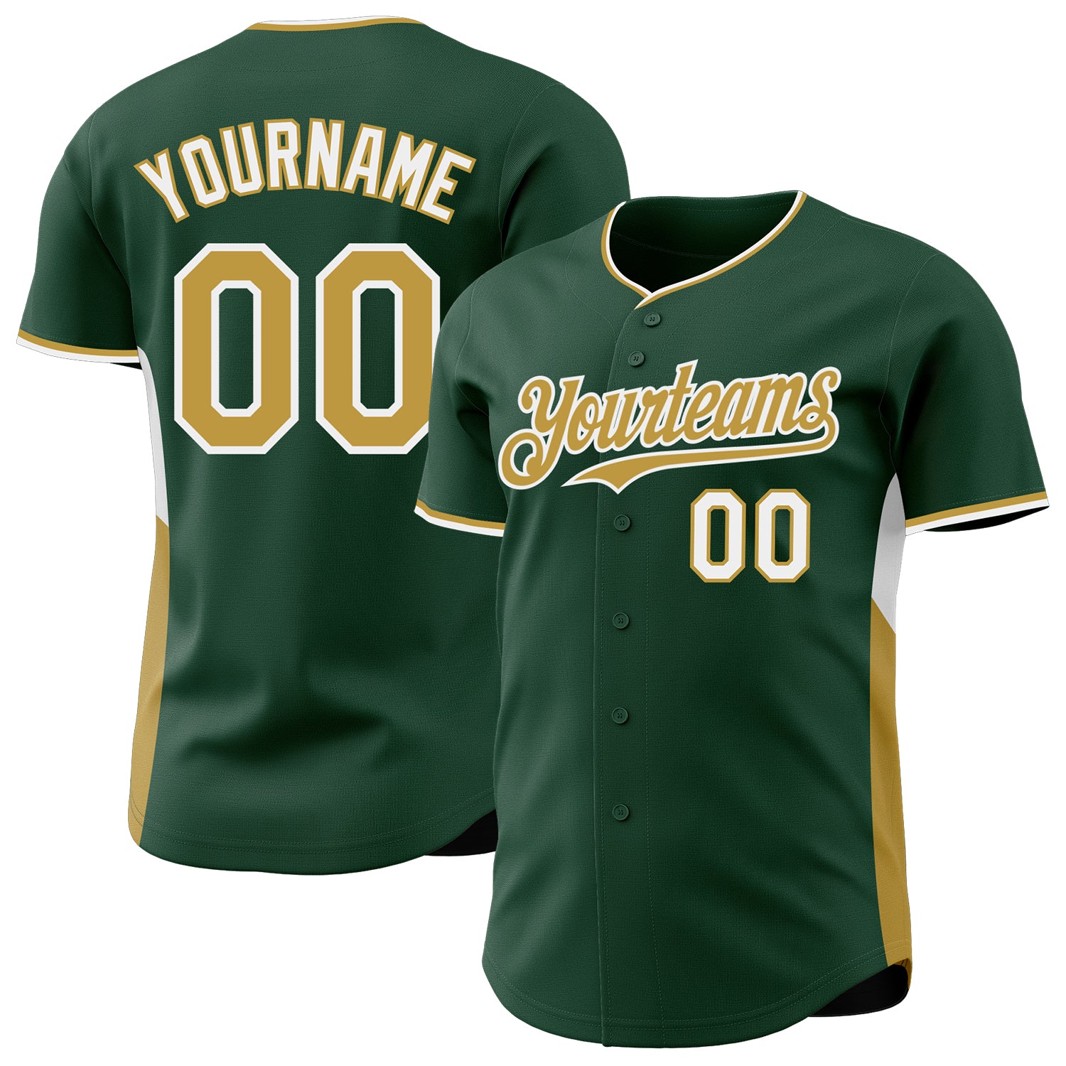 Custom Green Old Gold-White Classic Color Block Side Panel Stripe Authentic Baseball Jersey