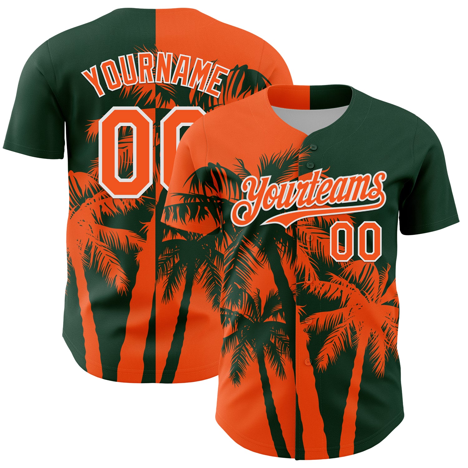 Custom Green Orange-White 3D Pattern Design Hawaii Palm Trees Tropical Coconut Authentic Baseball Jersey