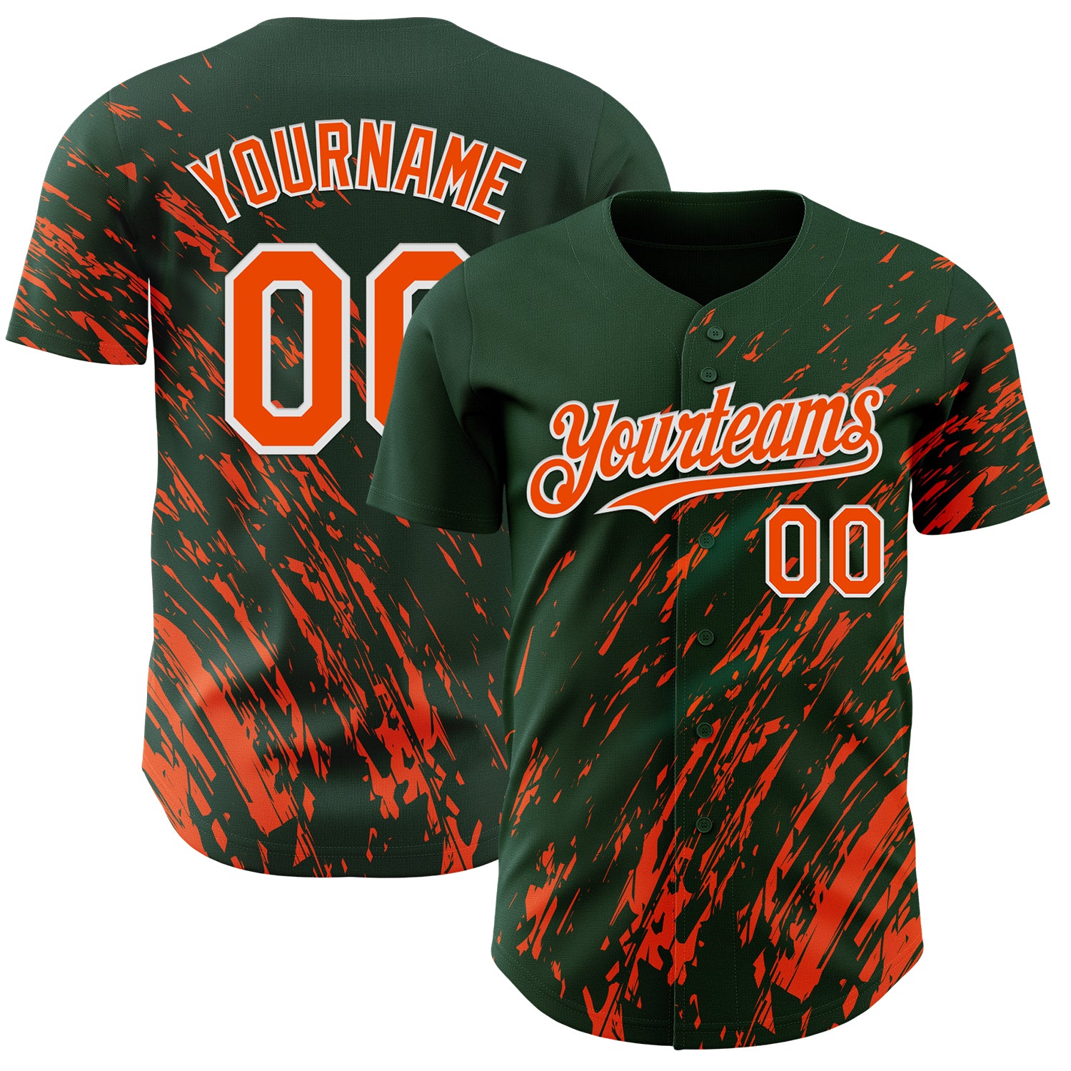 Custom Green Orange-White 3D Pattern Design Paint Stroke Grunge Streak Authentic Baseball Jersey