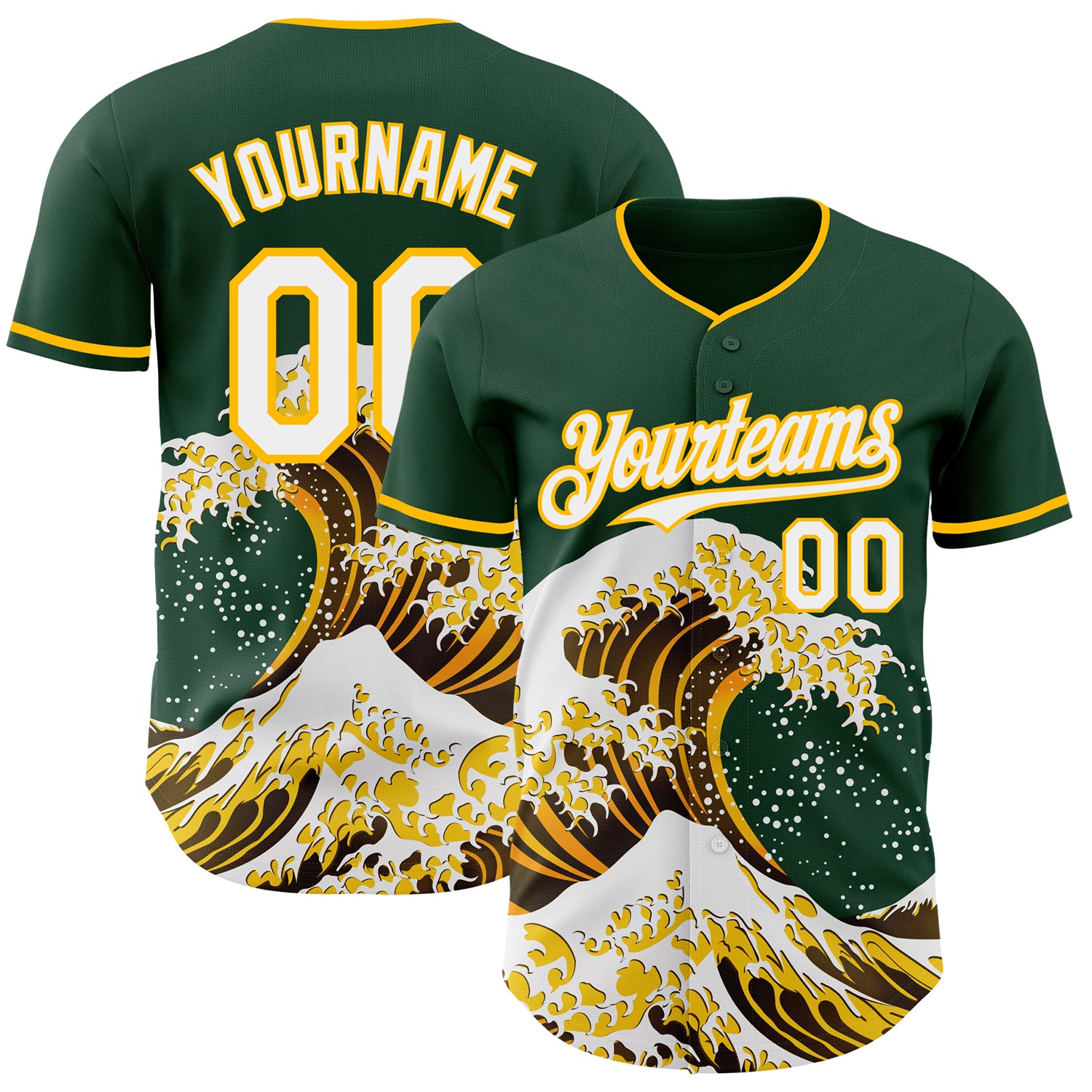 Custom Green White-Gold Japanese Wave 3D Pattern Design Authentic Baseball Jersey