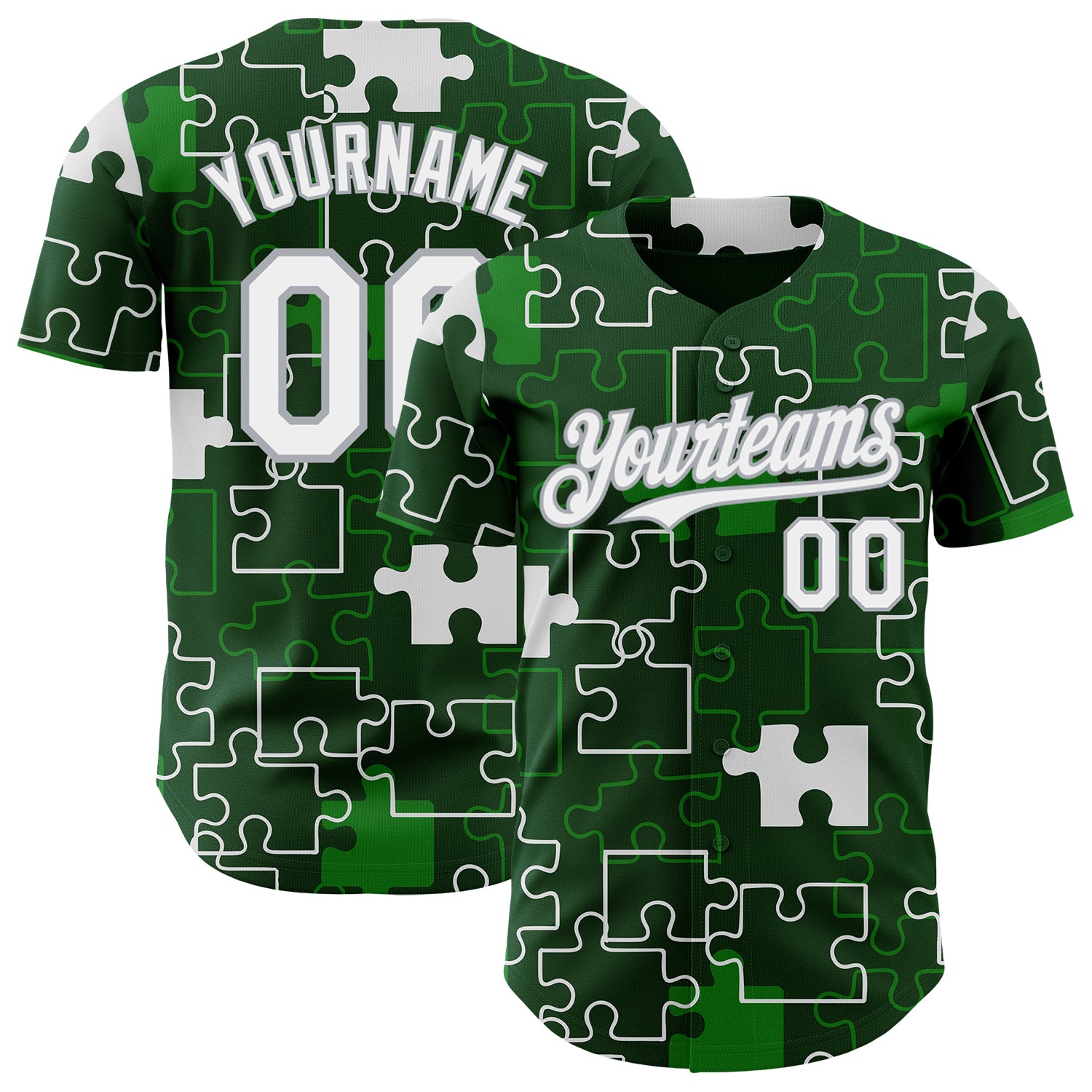 Custom Green White-Gray Puzzle 3D Pattern Design Authentic Baseball Jersey