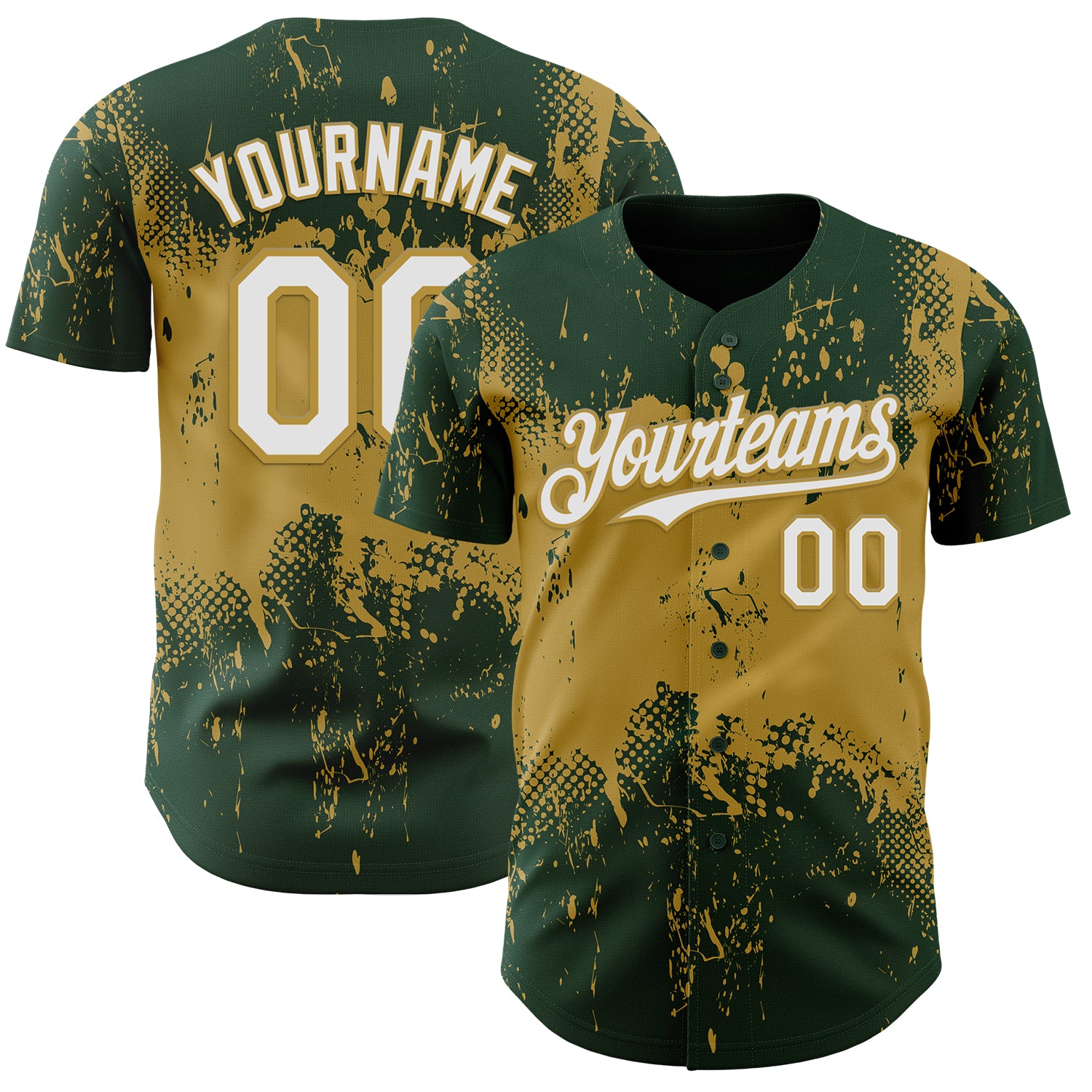 Custom Green White-Old Gold 3D Pattern Design Abstract Splatter Grunge Paint Authentic Baseball Jersey
