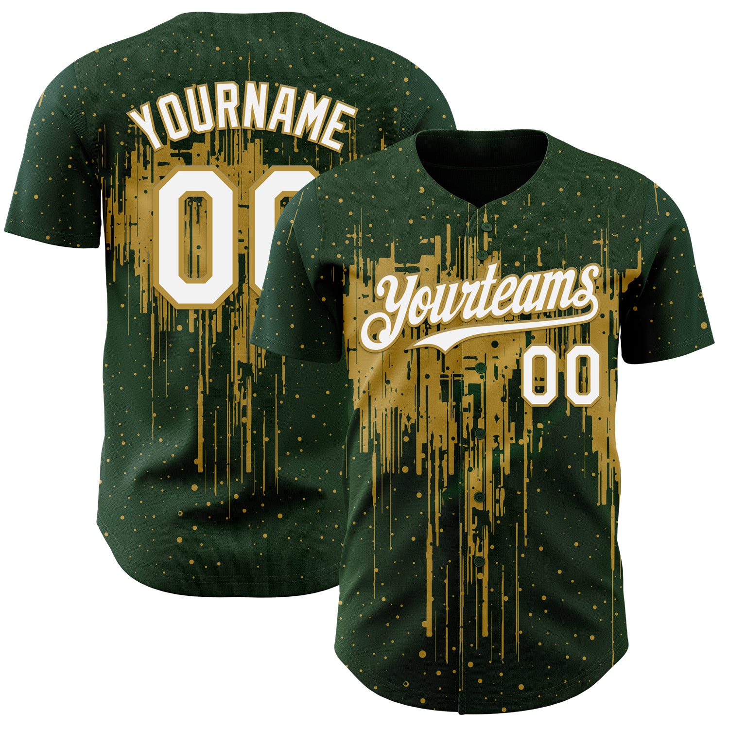 Custom Green White-Old Gold 3D Pattern Design Dripping Splatter Paint Authentic Baseball Jersey