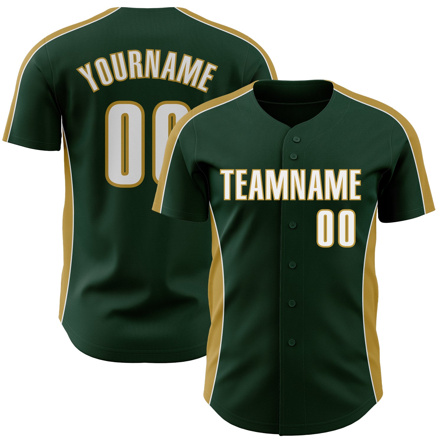 Custom Green White-Old Gold Classic Color Block Side Panel Stripe Authentic Baseball Jersey