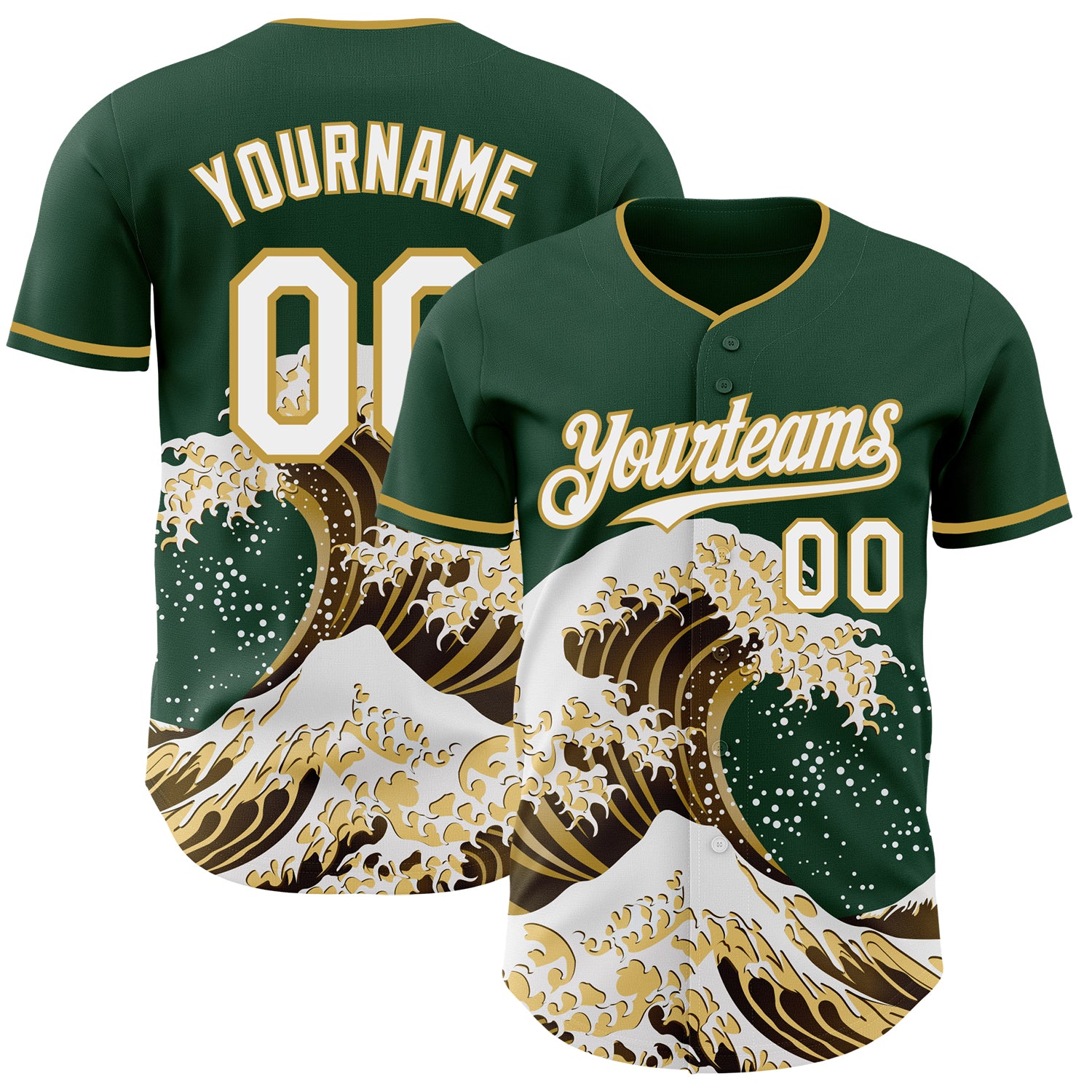 Custom Green White-Old Gold Japanese Wave 3D Pattern Design Authentic Baseball Jersey