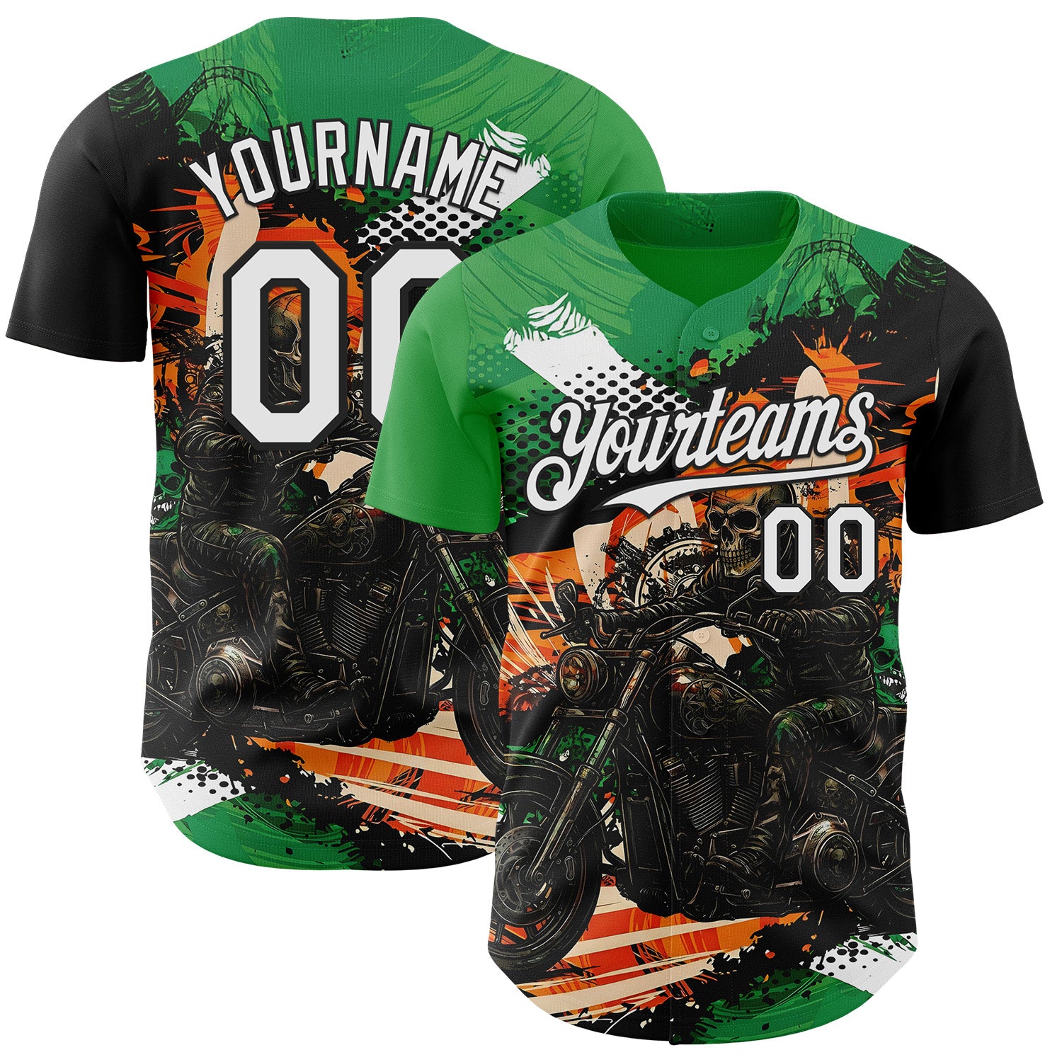 Custom Green White Orange Cream-Black 3D Pattern Design Motorcycle Motocross Skull Authentic Baseball Jersey