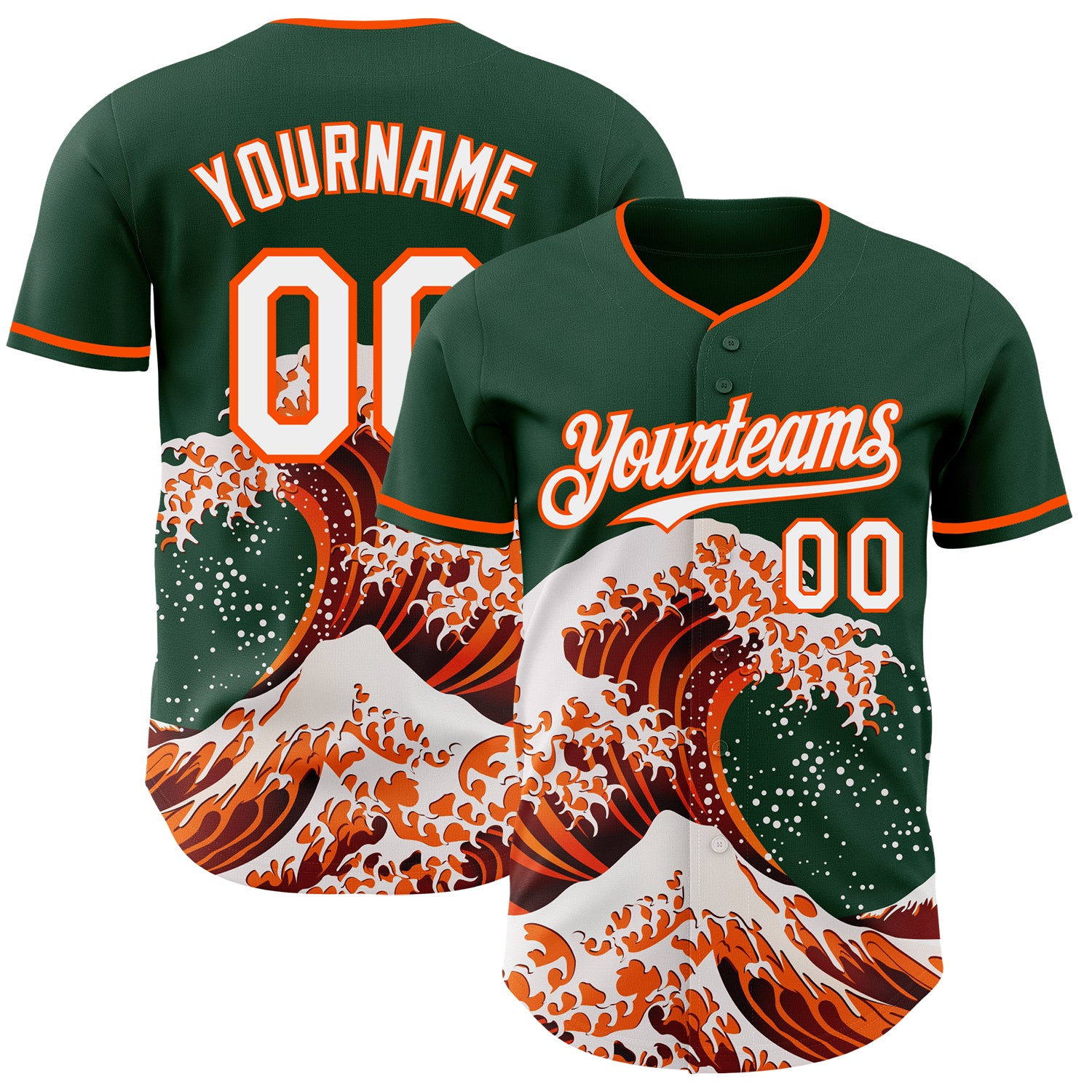Custom Green White-Orange Japanese Wave 3D Pattern Design Authentic Baseball Jersey
