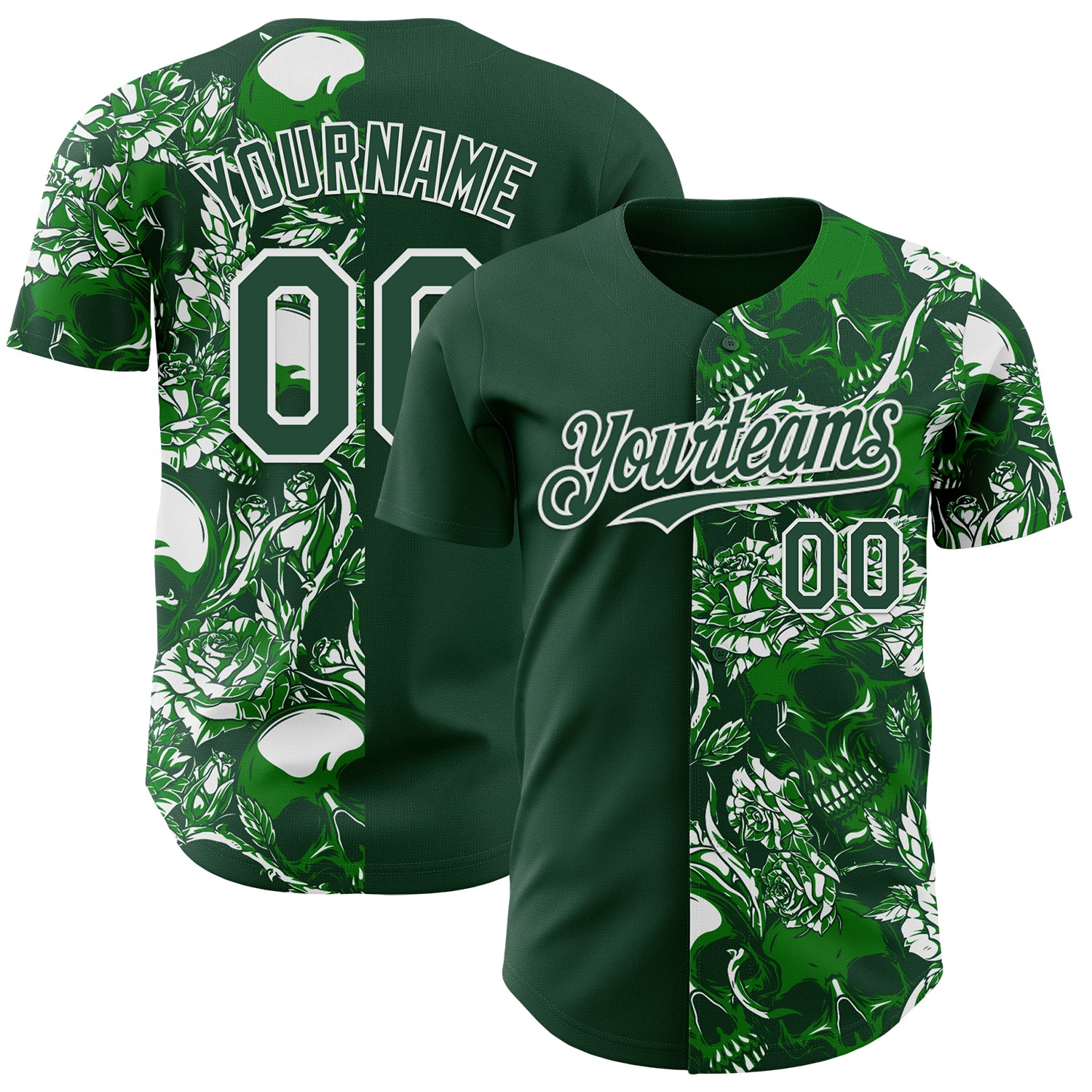 Custom Green-White Skull And Rose Authentic Baseball Jersey