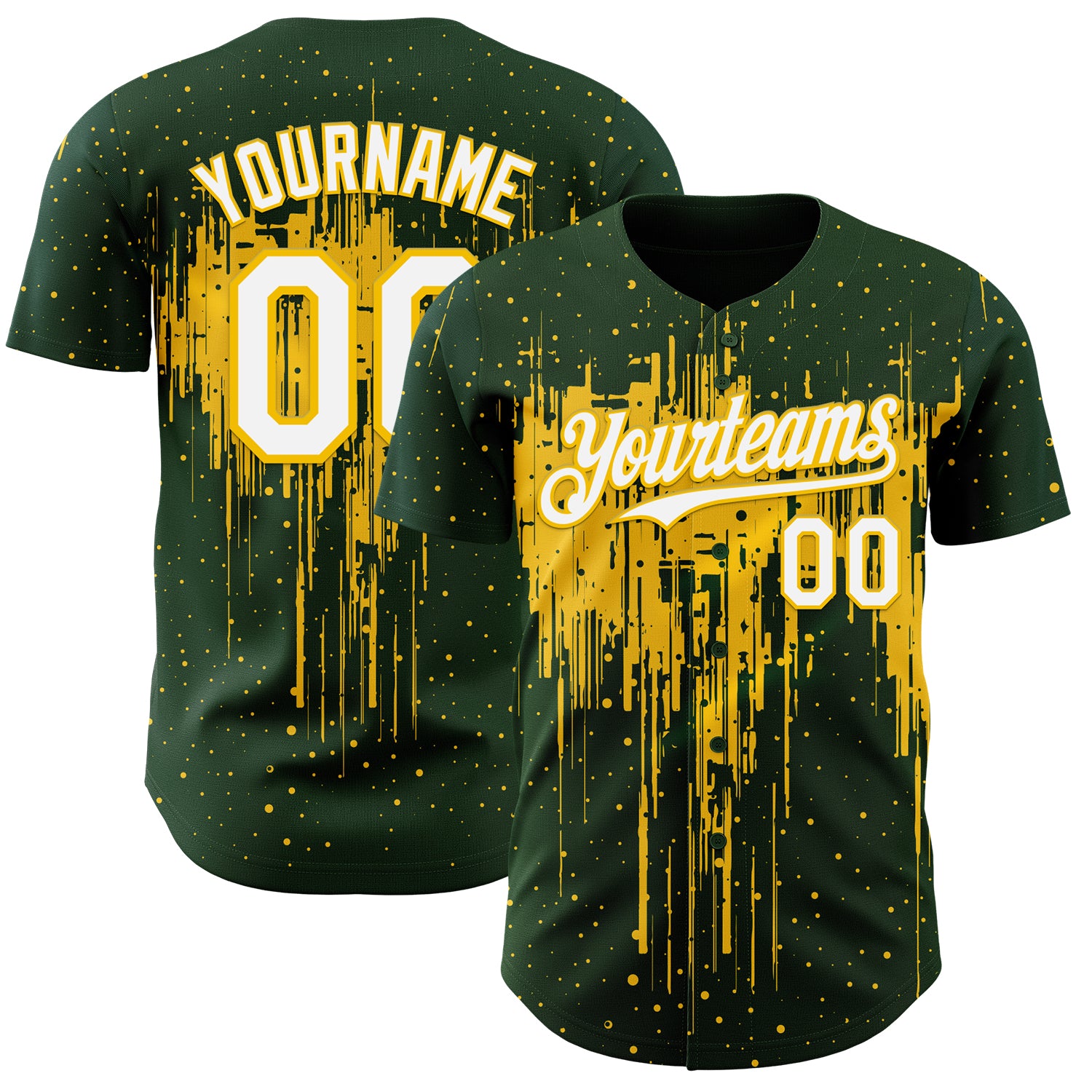 Custom Green White-Yellow 3D Pattern Design Dripping Splatter Paint Authentic Baseball Jersey