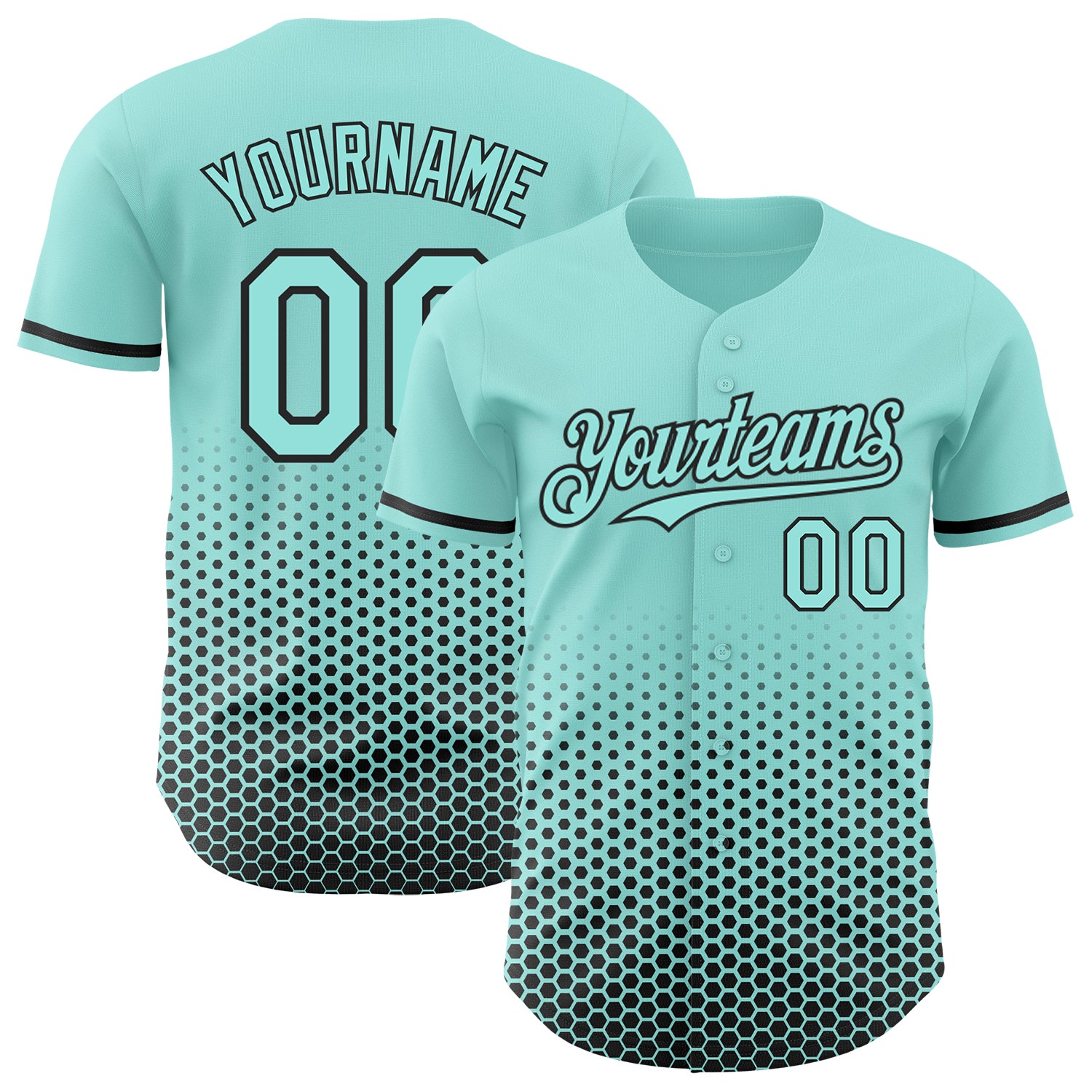 Custom Ice Blue-Black Geometric Hexagonal Dot Gradient Authentic Baseball Jersey