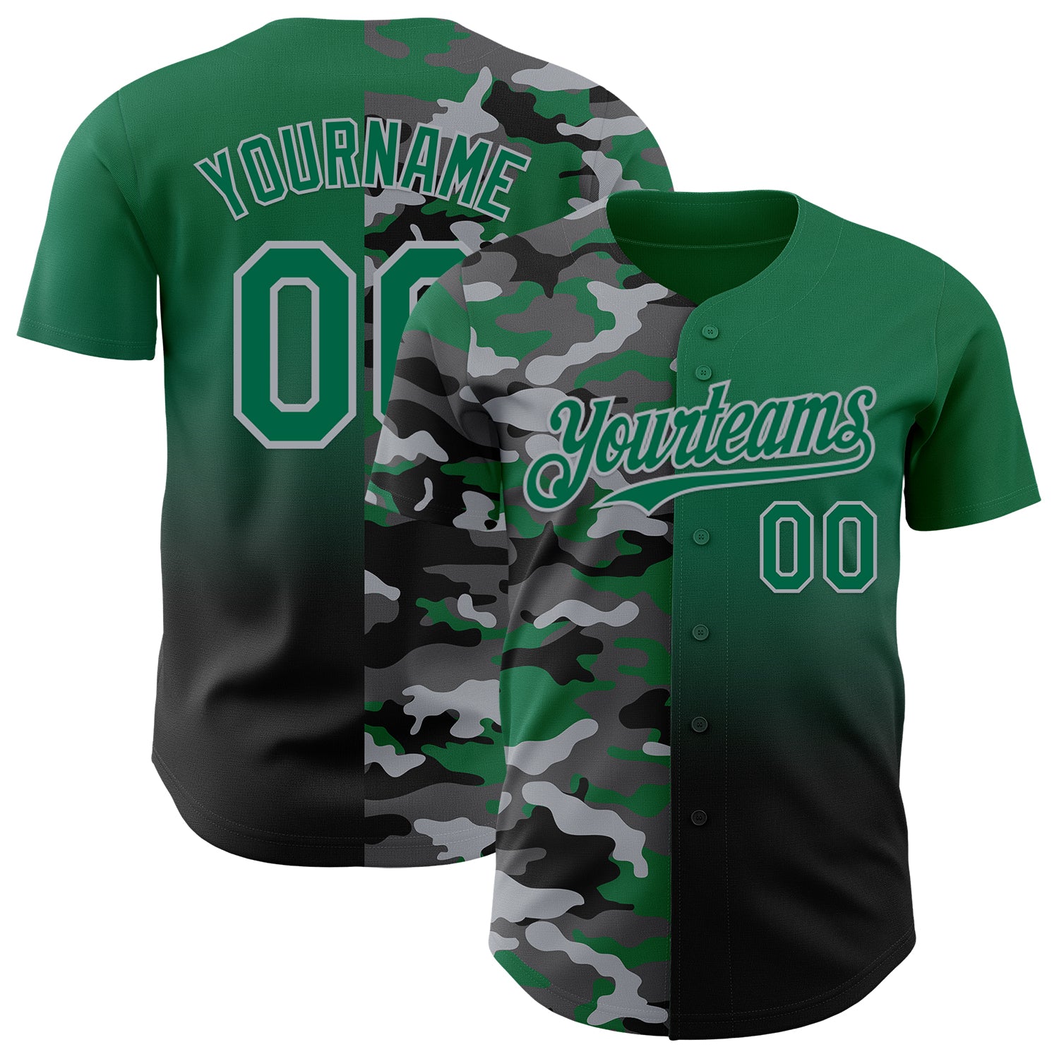 Custom Kelly Green Black-Gray Half Camo Ombre Authentic Baseball Jersey