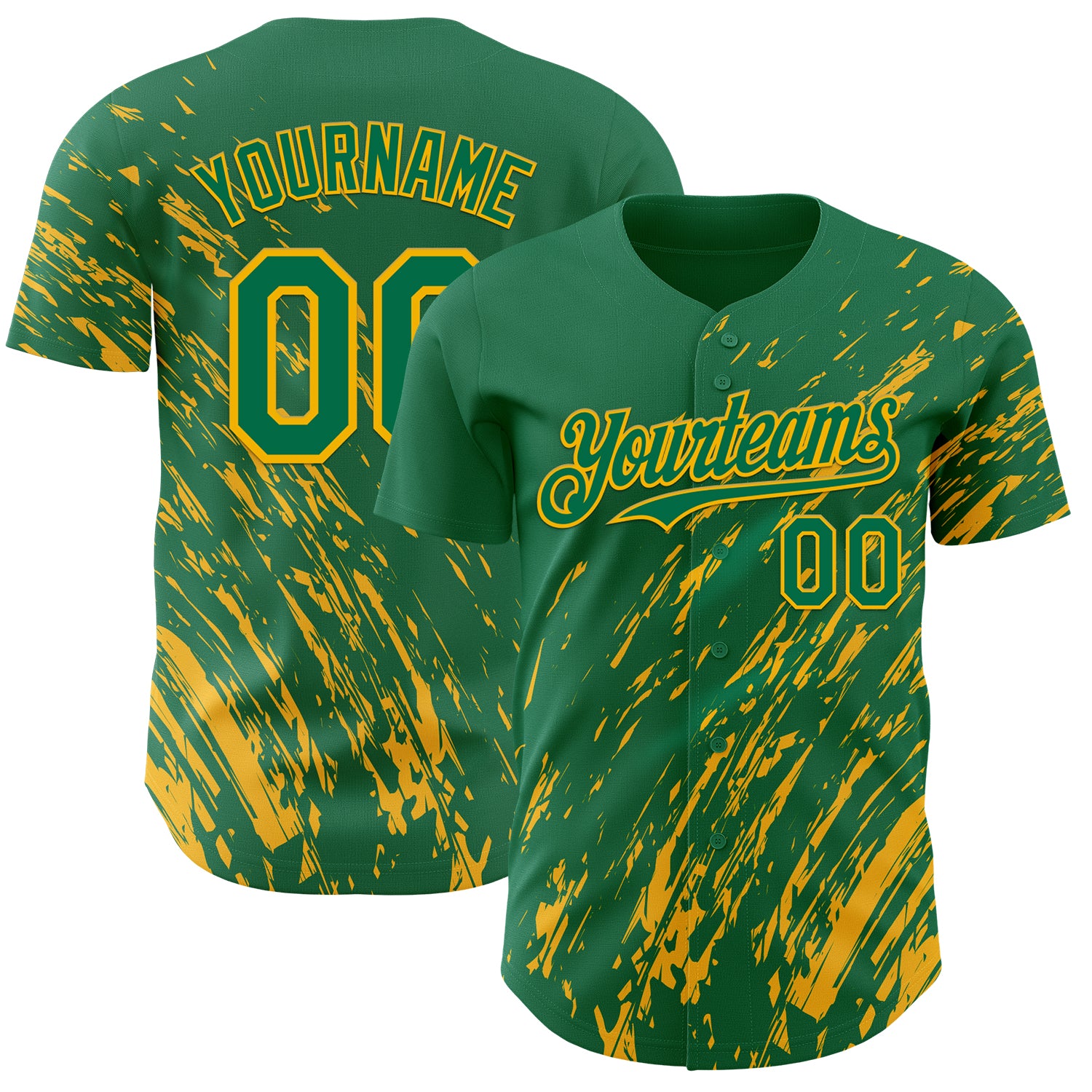 Custom Kelly Green Gold 3D Pattern Design Paint Stroke Grunge Streak Authentic Baseball Jersey