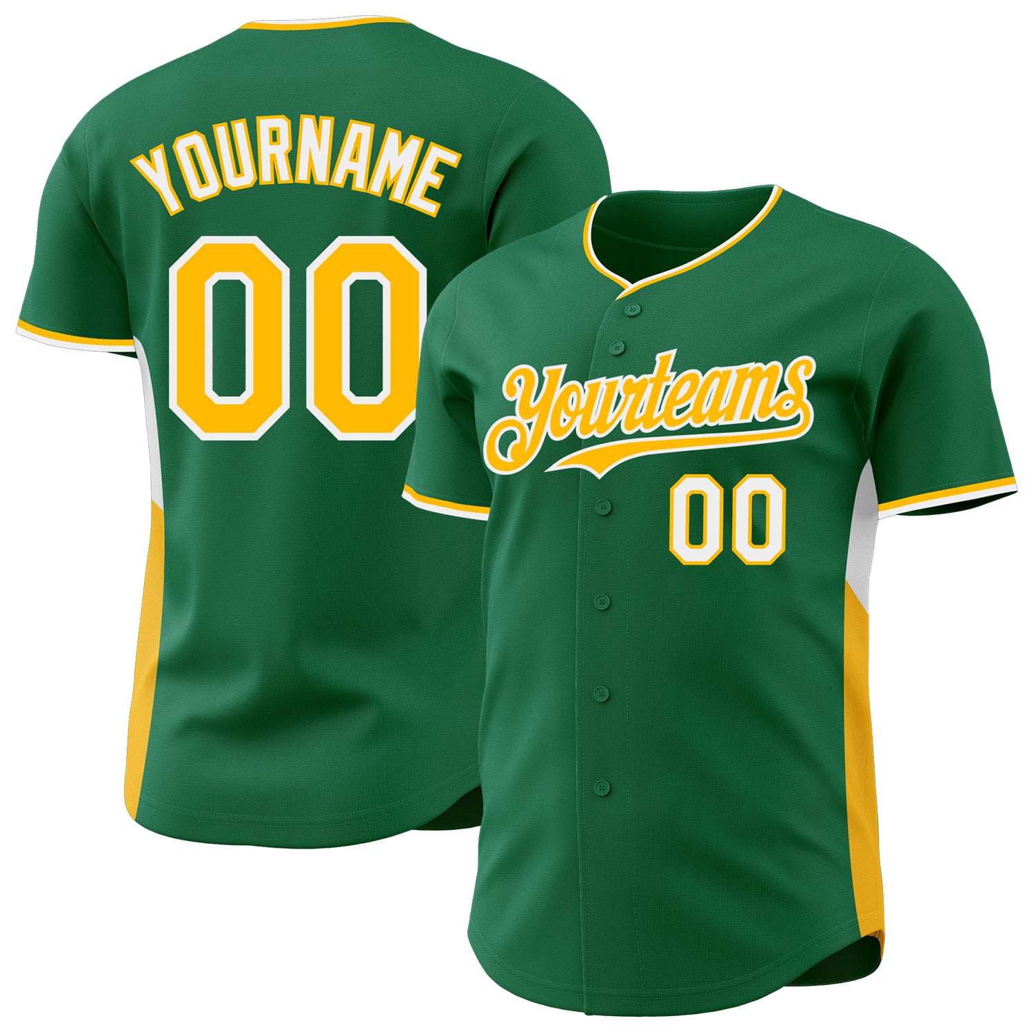 Custom Kelly Green Gold-White Classic Color Block Side Panel Stripe Authentic Baseball Jersey