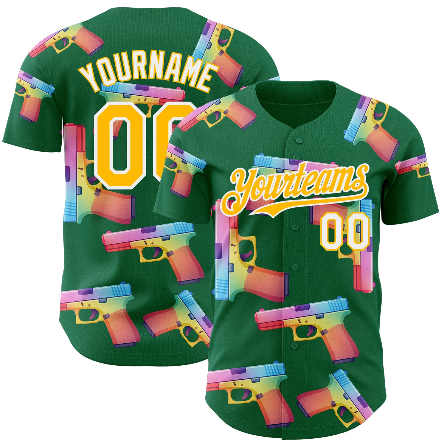 Custom Kelly Green Gold-White Colorful Firepower 3D Pattern Design Authentic Baseball Jersey