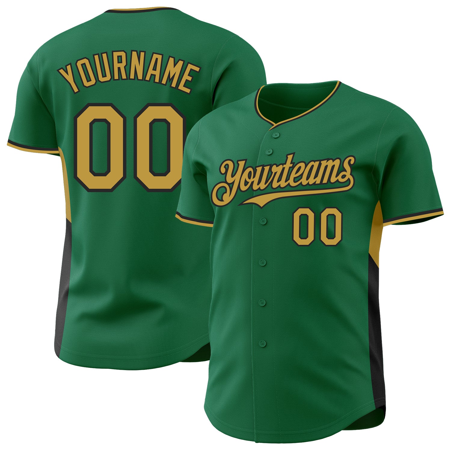 Custom Kelly Green Old Gold-Black Classic Color Block Side Panel Stripe Authentic Baseball Jersey