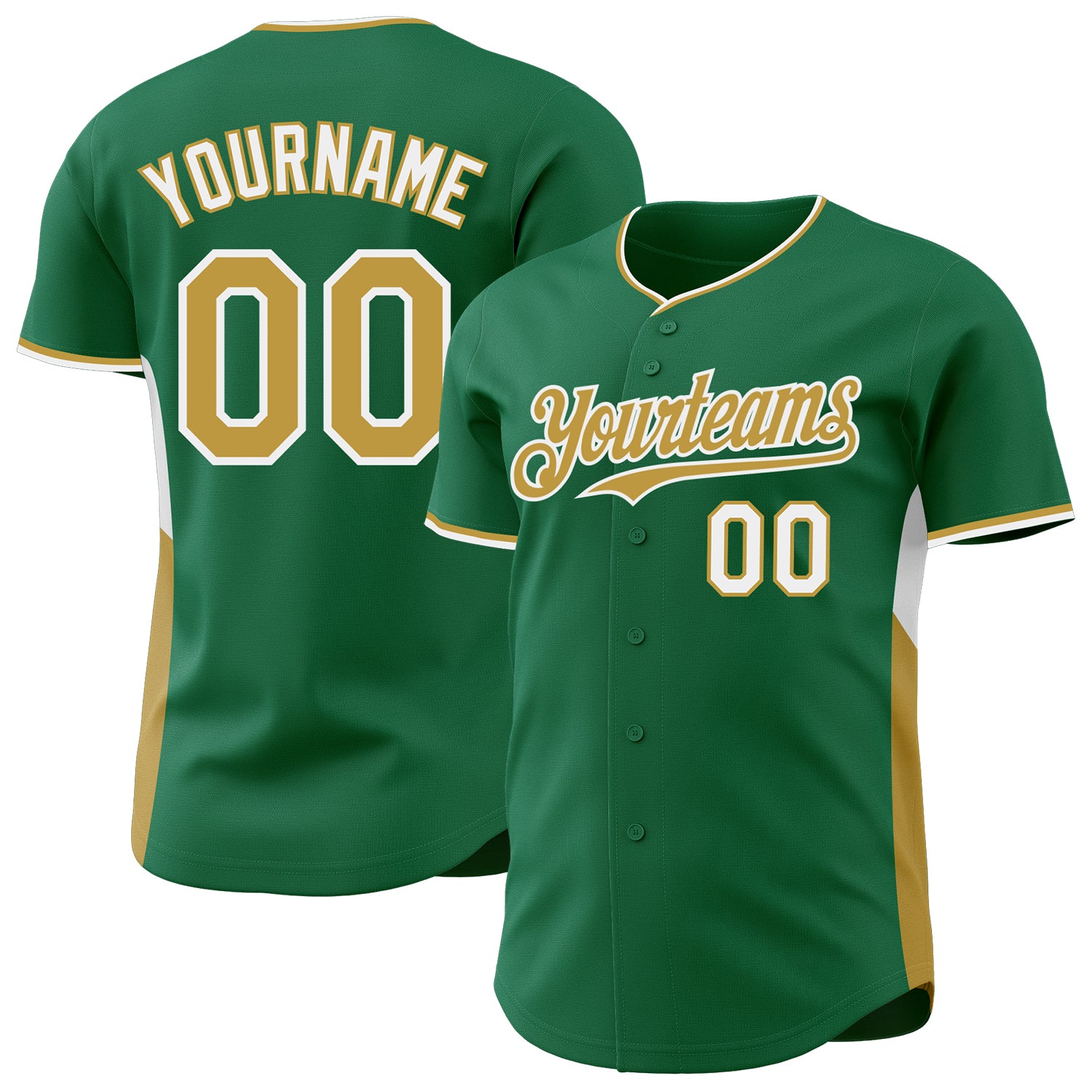 Custom Kelly Green Old Gold-White Classic Color Block Side Panel Stripe Authentic Baseball Jersey
