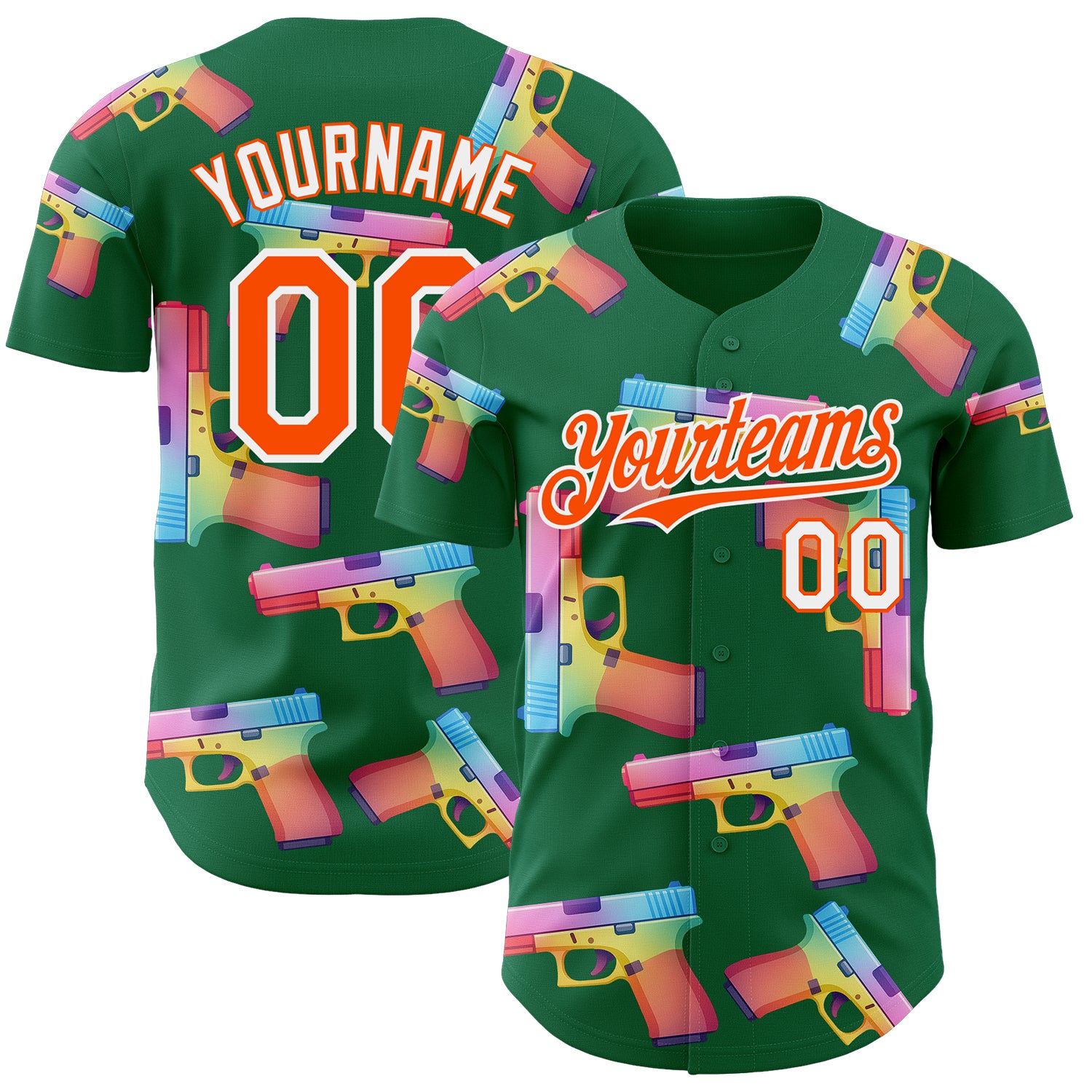 Custom Kelly Green Orange-White Colorful Firepower 3D Pattern Design Authentic Baseball Jersey