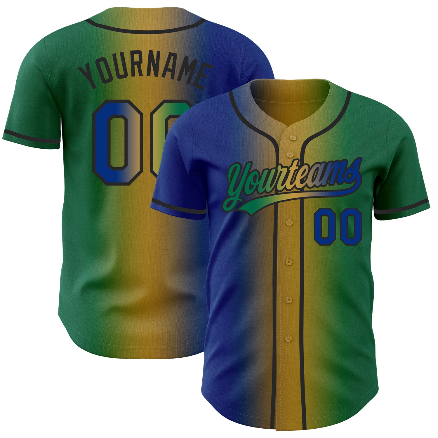Custom Kelly Green Royal Old Gold-Black Authentic Gradient Fashion Baseball Jersey