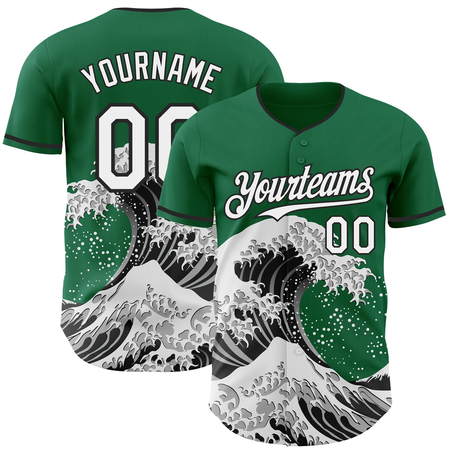 Custom Kelly Green White-Black Japanese Wave 3D Pattern Design Authentic Baseball Jersey